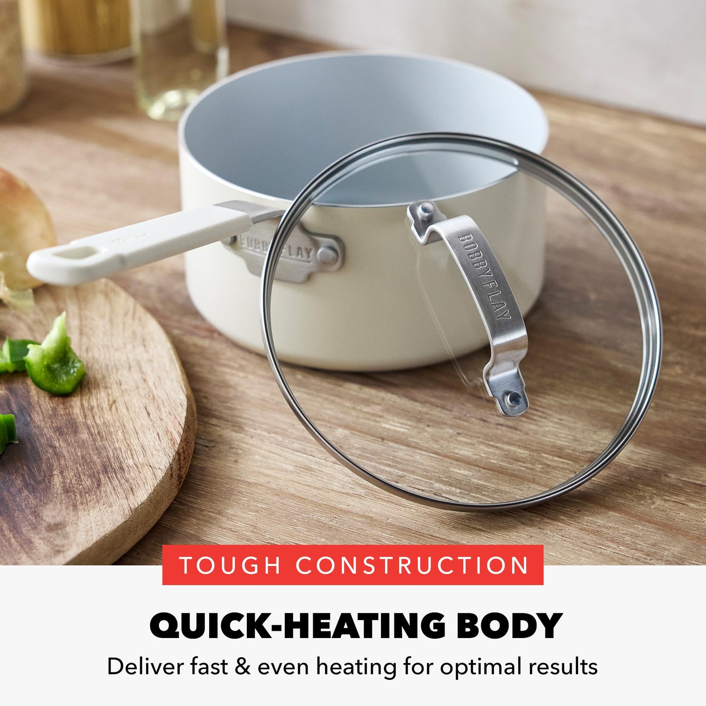 GreenPan x Bobby Flay 2.5QT Nonstick Saucepan with Glass Lid, PFAS-Free Diamond Ceramic, Induction Suitable, Stay-Cool Silicone Handle, Easy Clean Dishwasher & Oven Safe, Chef Pan, Cream