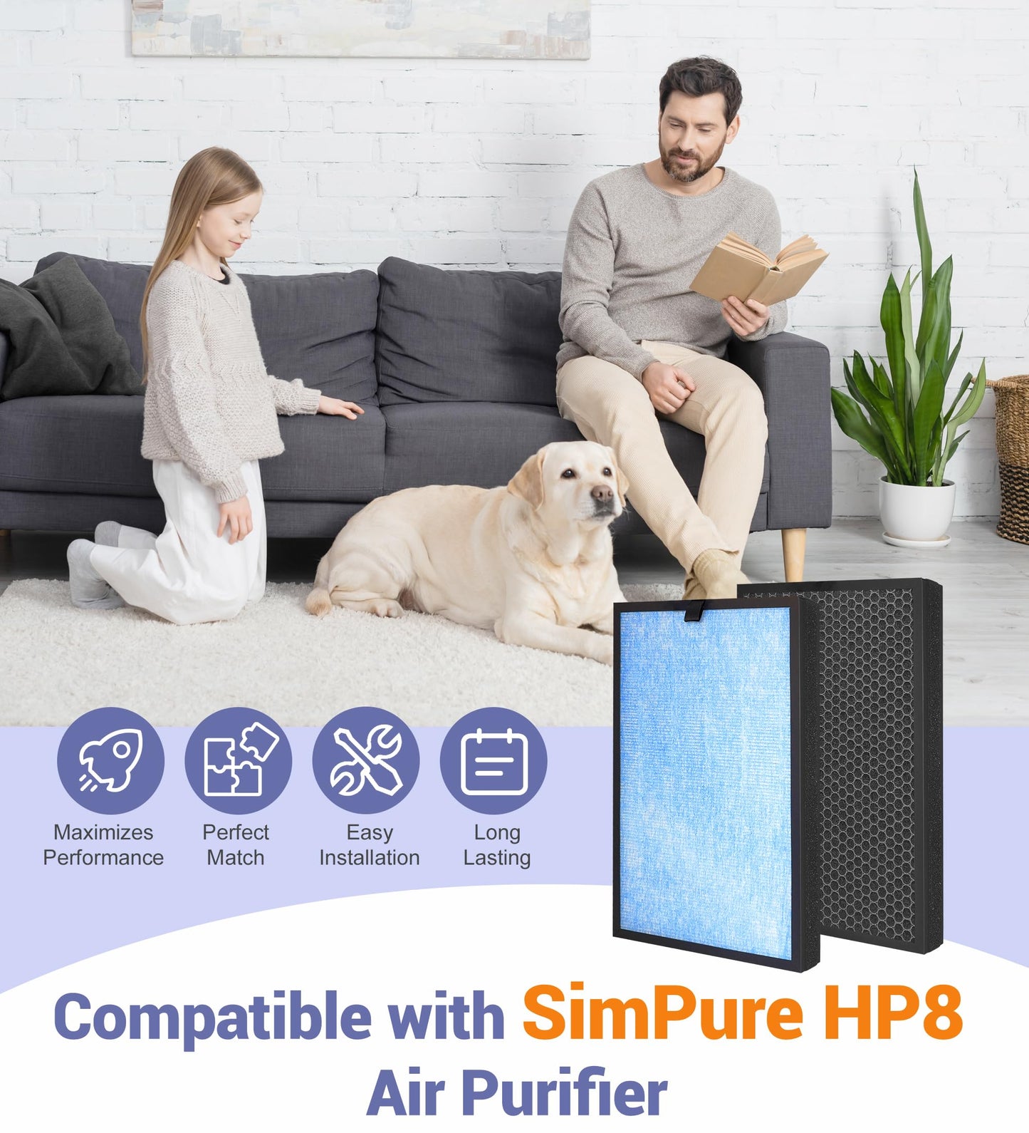 Popurure HP8 Replacement Filter Compatible with SimPure HP8 Air Purifier, Part # SP-HP8-RF, H13 HEPA Filter and Activated Carbon Filters, 2-Pack