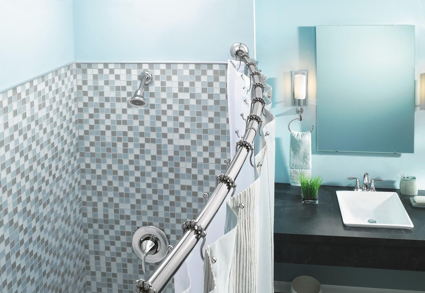 Moen Curved Adjustable Length Fixed Mount Single Shower Curtain Rod for Bathroom, Chrome Finish, CSR2160CH