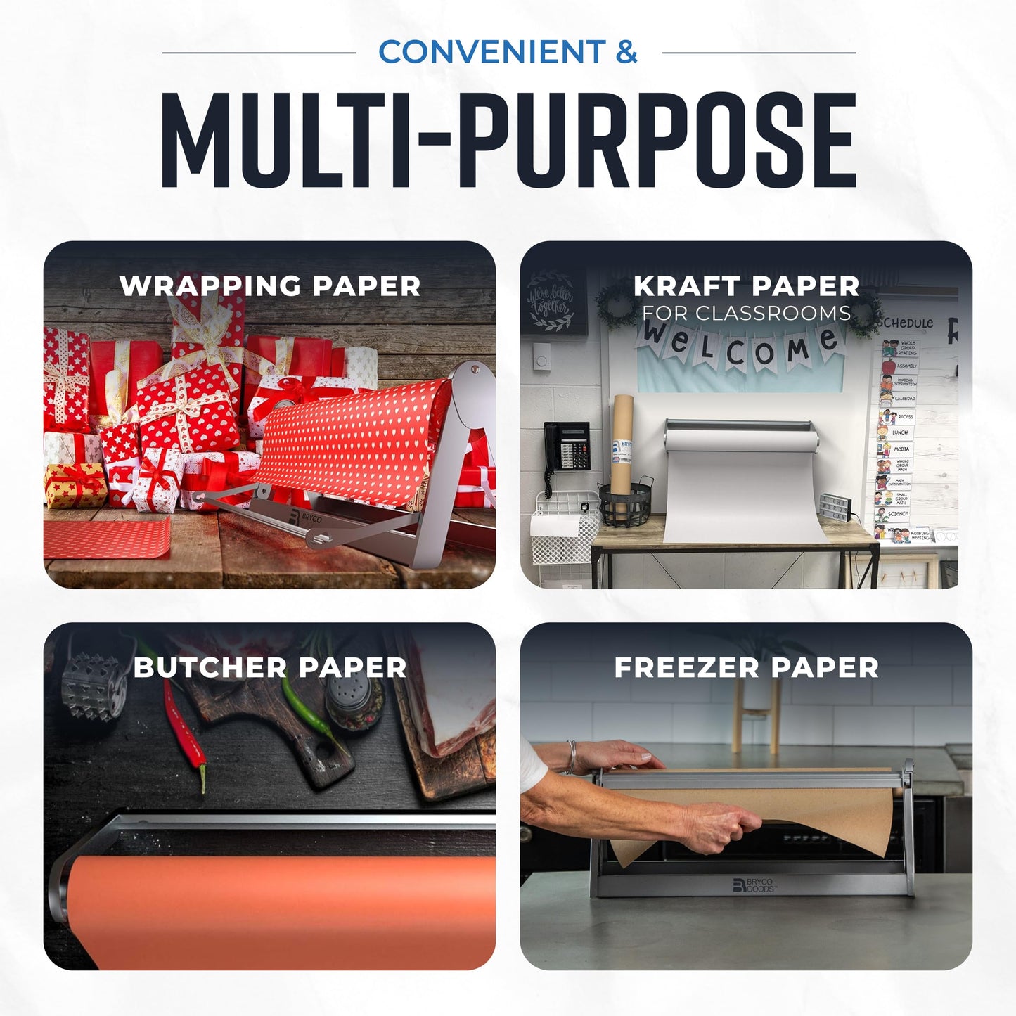Bryco Goods - 18 Inches All Paper Roll Dispenser and Cutter Made of Heavy-Duty Steel Frame & Sharp Blade. Holds, Dispenses & Cuts. Wall Mountable & Non-Slip Tabletop. Ideal Butcher Paper Dispenser