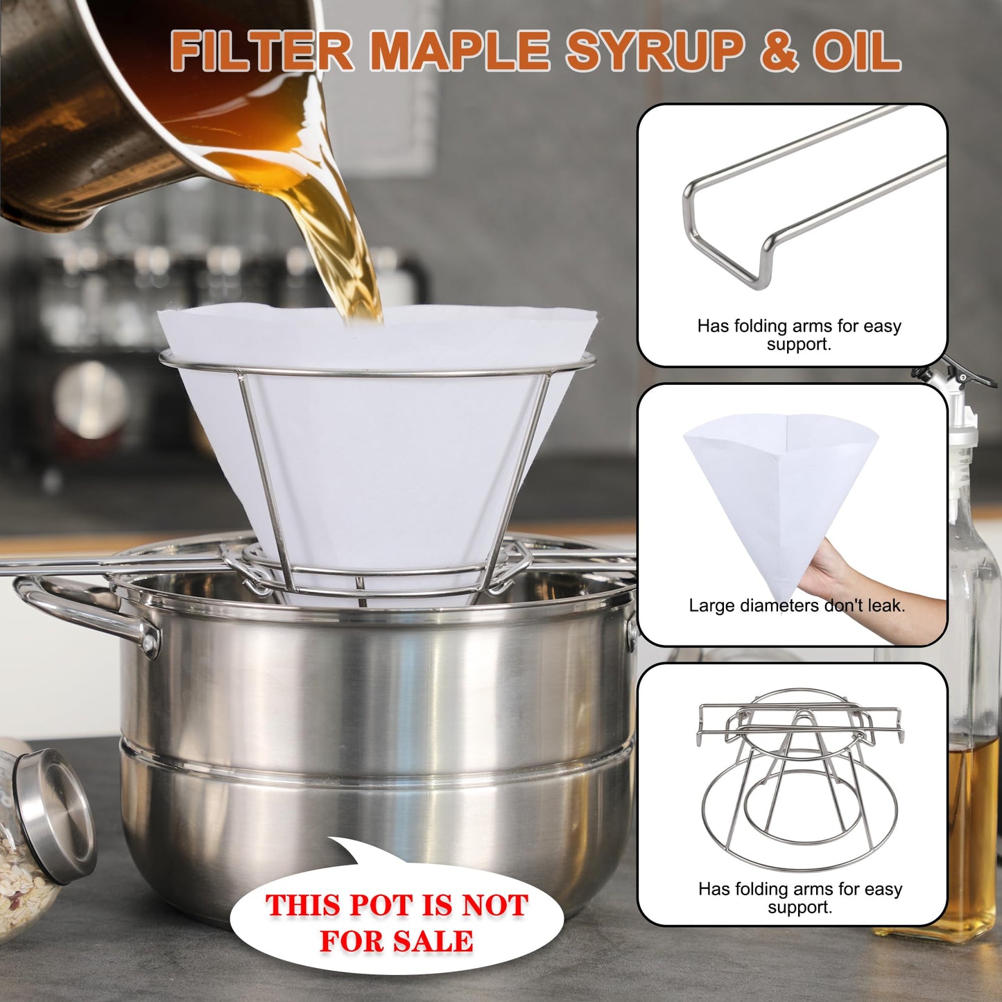 Oil Fryer Filters, Stainless Steel Filter Strainer with Thermometer, Cone Strainer Holder Stand with 20pcs Cone Filter Paper & Folding Arm to Deep Fryers, for Cooking Oil Filter and Maple Sap Making