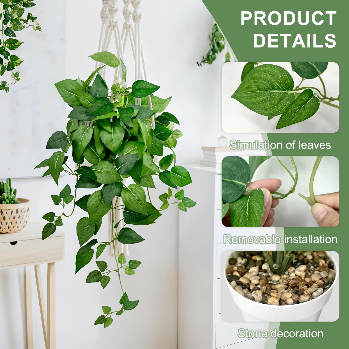 Artificial Hanging Plants with White Pots –2 Pack Fake Pothos Potted Plants Faux Ivy Vines 23.6‘’, Realistic Greenery Hanging Fakeplants Indoor for Home Decor, Bedroom, Bathroom, Office, Living Room
