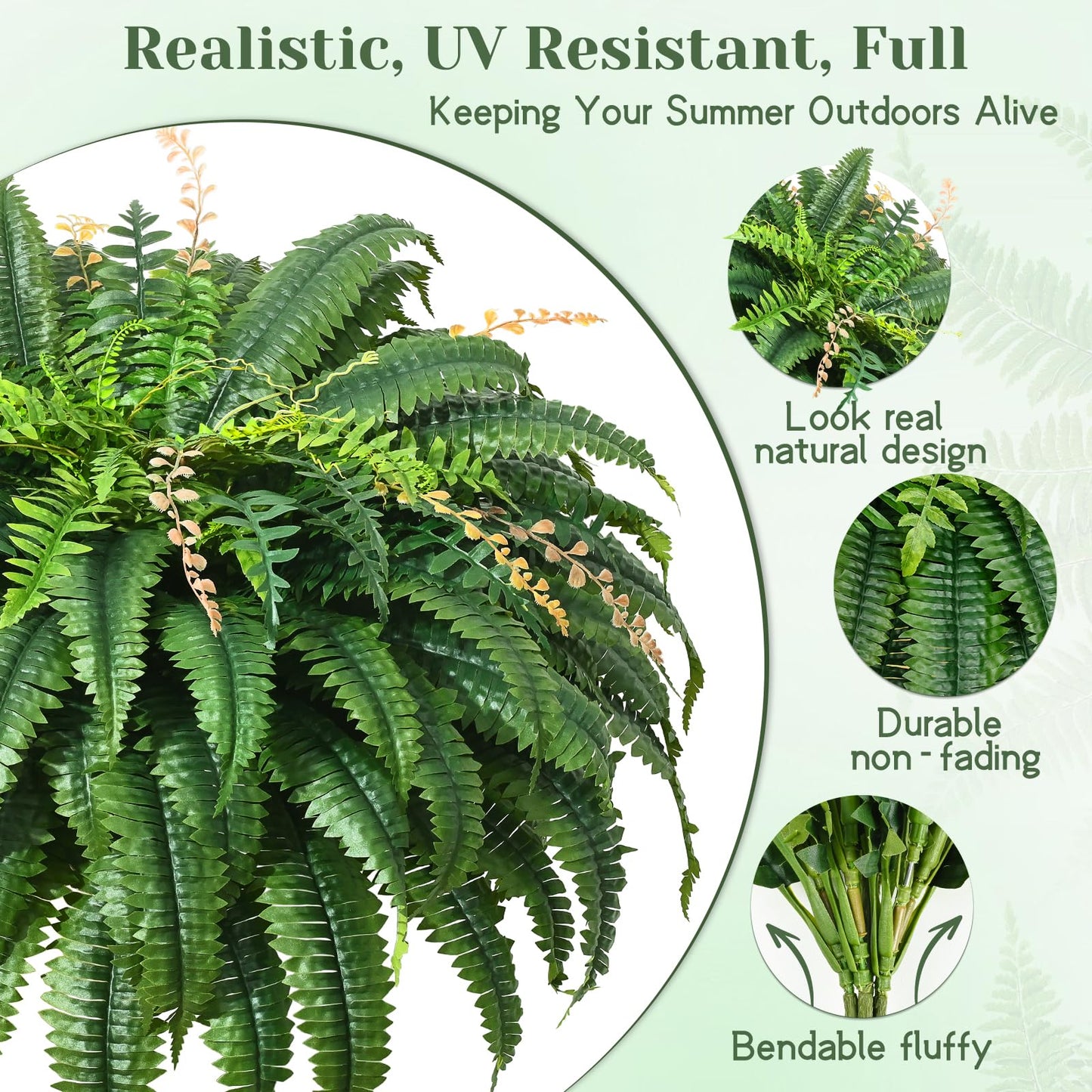 MARTINE MALL 48 inch 128 Leaves Artificial Ferns for Outdoors Look Real Fake Ferns, Large Faux Boston Ferns for Outdoor Planter Realistic UV Resistant Artificial Fake Plants for Porch Patio Hanging