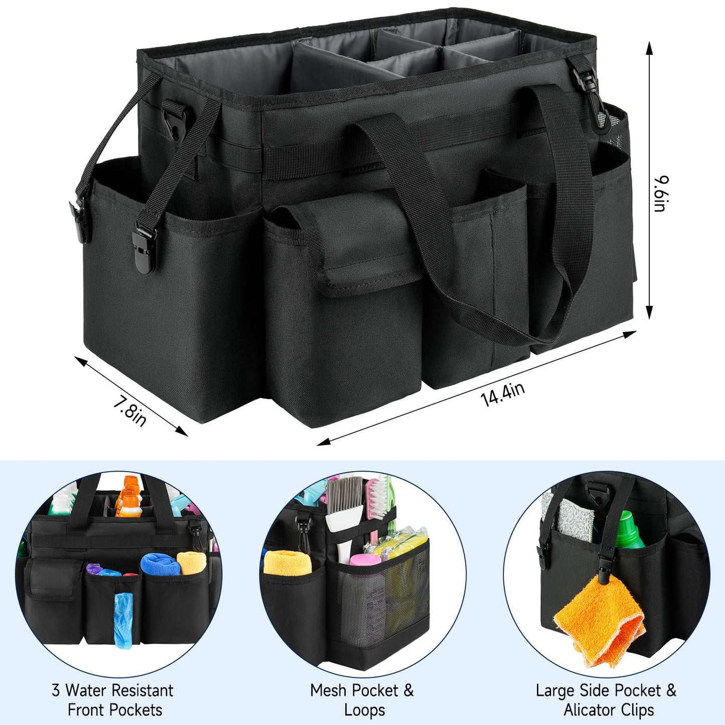 ZIOZERTT Cleaning Caddy,Cleaning Bag for Housekeepers,Cleaning Supplies Organizer with Handle,Black