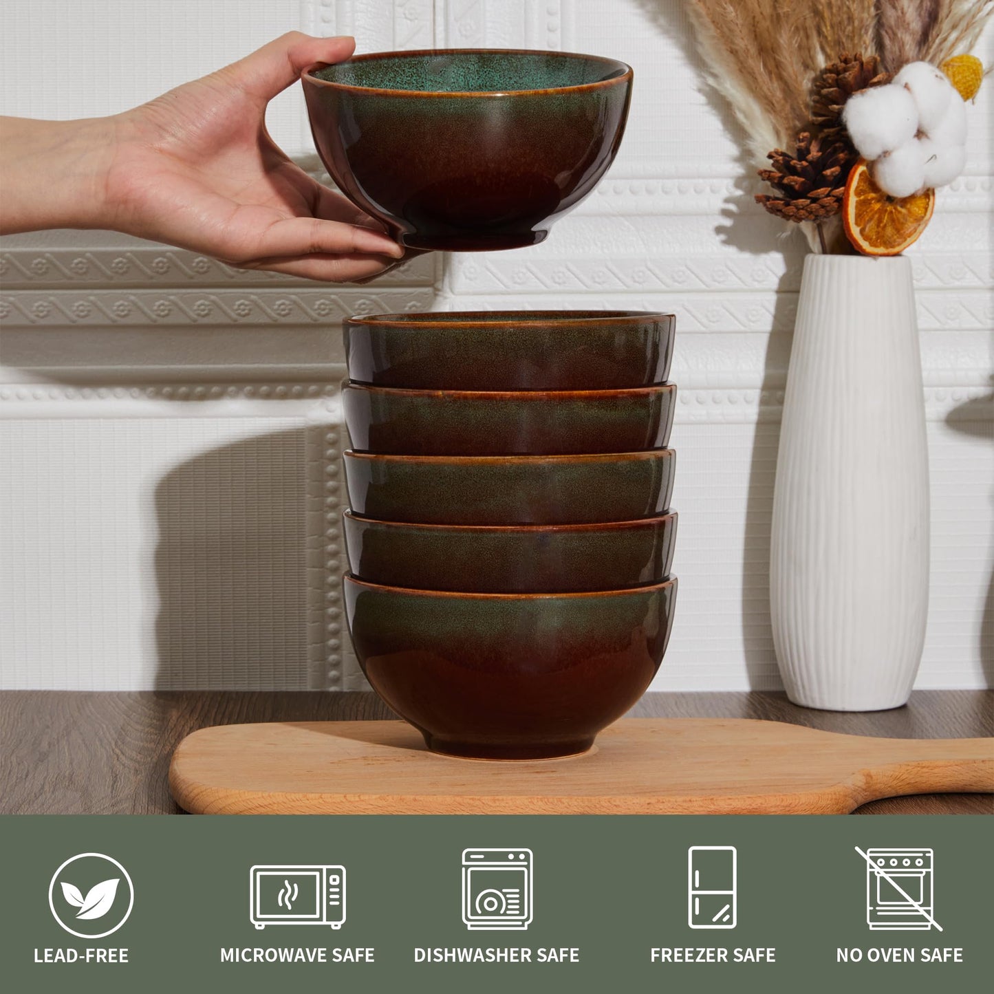 Pokini Stoneware Cereal Bowls Set of 6, 22 Oz Soup Bowls Set for Cereal Soup Snacks, Modern Kitchen Bowls for Meal, Dishwasher & Microwave Safe-Brown and Green