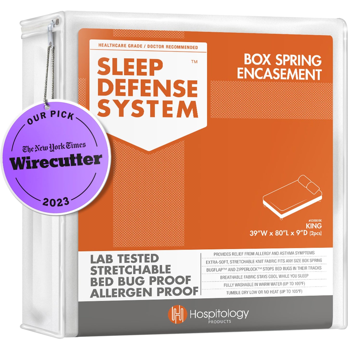 HOSPITOLOGY PRODUCTS Box Spring Encasement - Zippered Bed Bug Dust Mite Proof Hypoallergenic - Sleep Defense System - Split King - 39" W x 80" L - Set of 2 for Split Box Spring ONLY