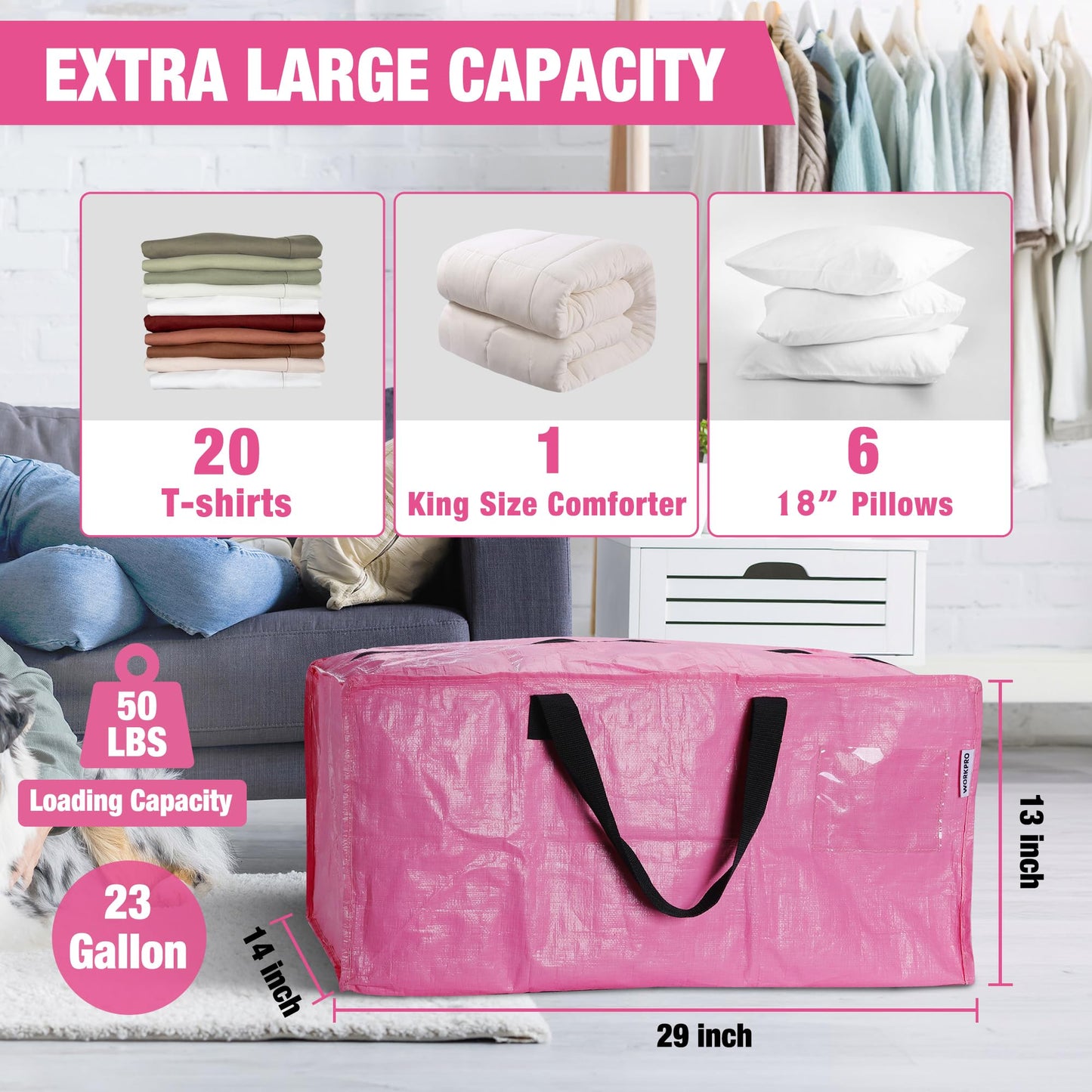WORKPRO 6 Pack Extra Large Moving Bags with Zippers & Carrying Handles Backpack Straps, Heavy-Duty Storage Tote for Space Saving Moving Storage (Pink)