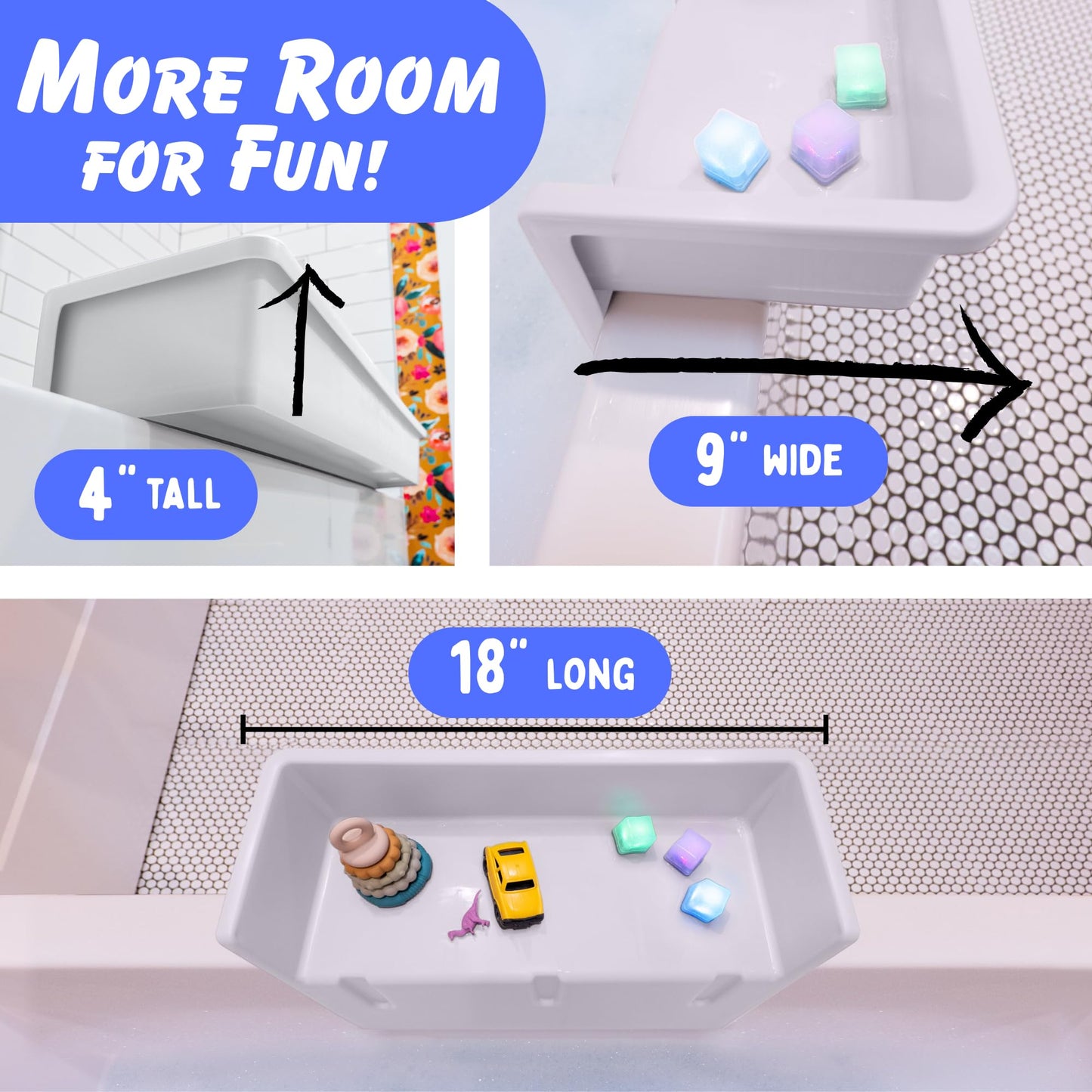 Tub Topper® Mini Bathtub Splash Guard for Kids - Compact Bath Splash Guard & Tub Play Shelf - Easy to Remove, Store & Clean - Patented Lip Design, Non-Silicone, BPA-Free, Made in USA (White)