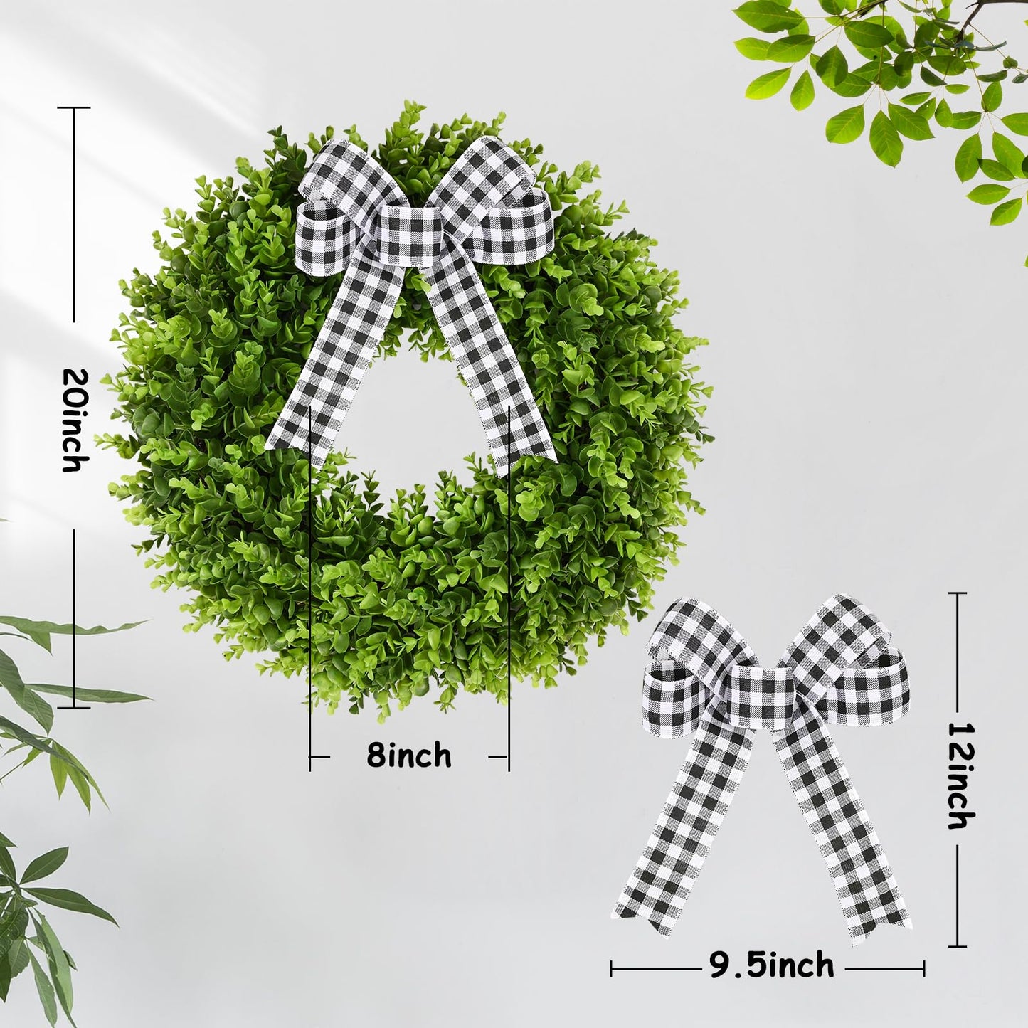 Vlorart 20" Boxwood Wreath for Front Door with Sash & Plaid Bow, Full Lush Artificial Greenery Wreath for Spring Summer Farmhouse Wall, Window & Wedding Decor