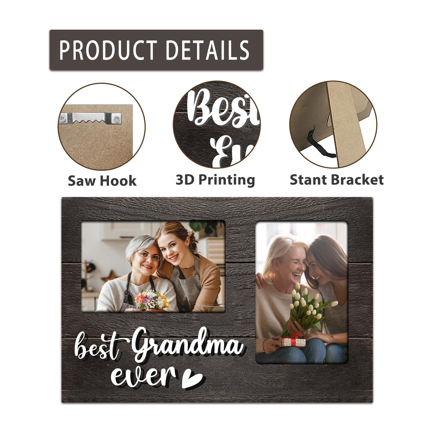 JNDJE Grandma Gifts, Mothers Day Grandma Gift from Grandkids, 3D Photo Frame Hold 4x6 Inches Two Photos - Picture Frame Present for Grandparents Day