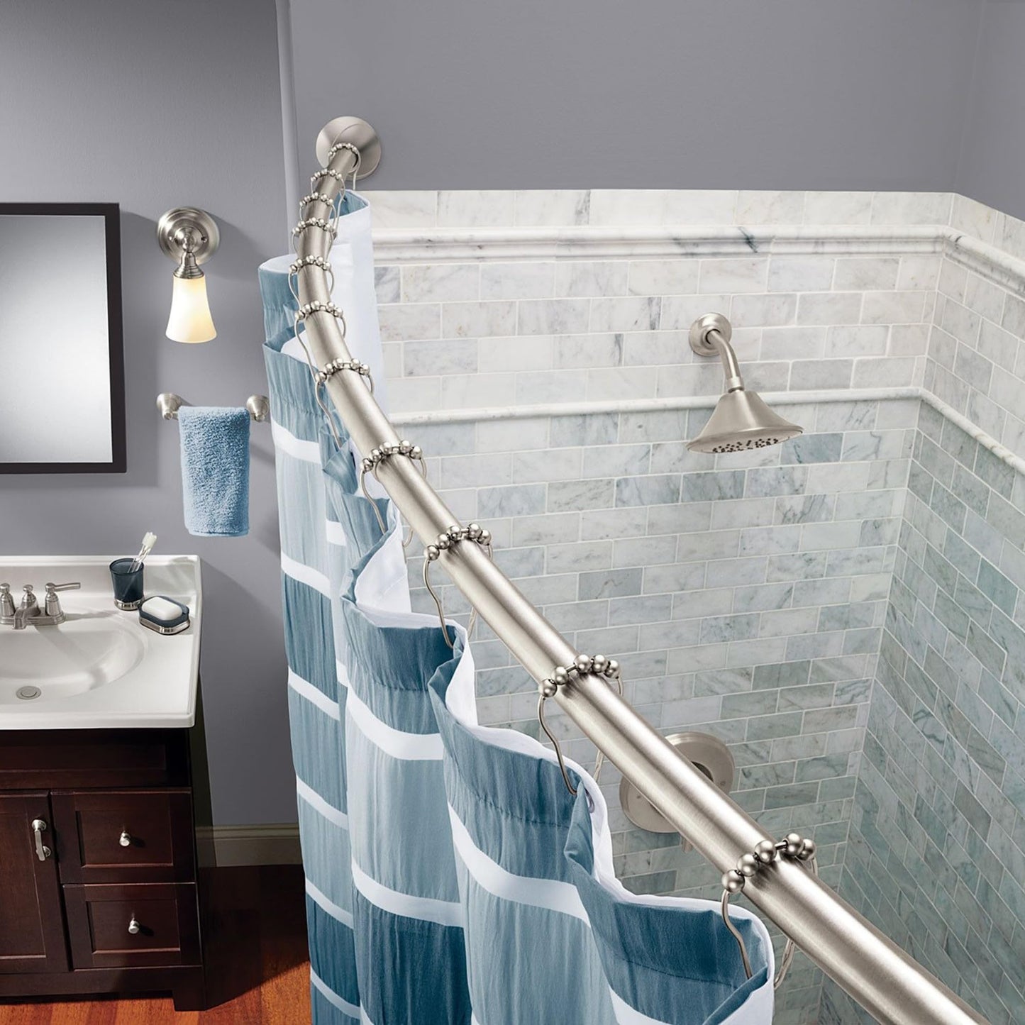 Moen Curved Adjustable Spring Tension No Drill Shower Curtain Rod for Bathroom, Brushed Nickel Finish, CSR2172BN