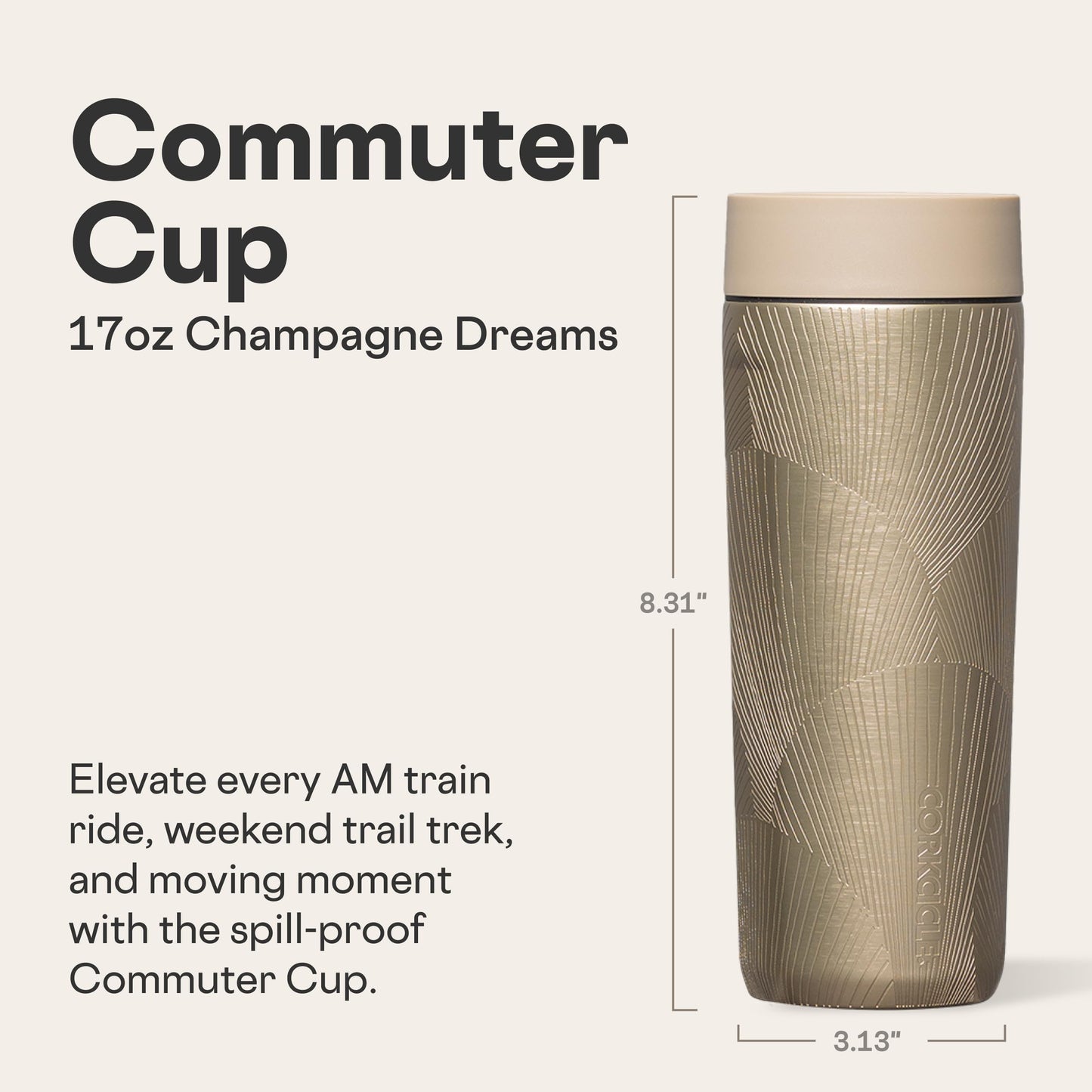 Corkcicle Commuter Cup Travel Mug - Insulated Coffee Mug with Lid - Keeps Drinks Cold 18 Hours - 360° Spill-Proof Sip Lid - Holiday Gift - Great for Gifting Warmth - 17 oz - Champagne Dreams