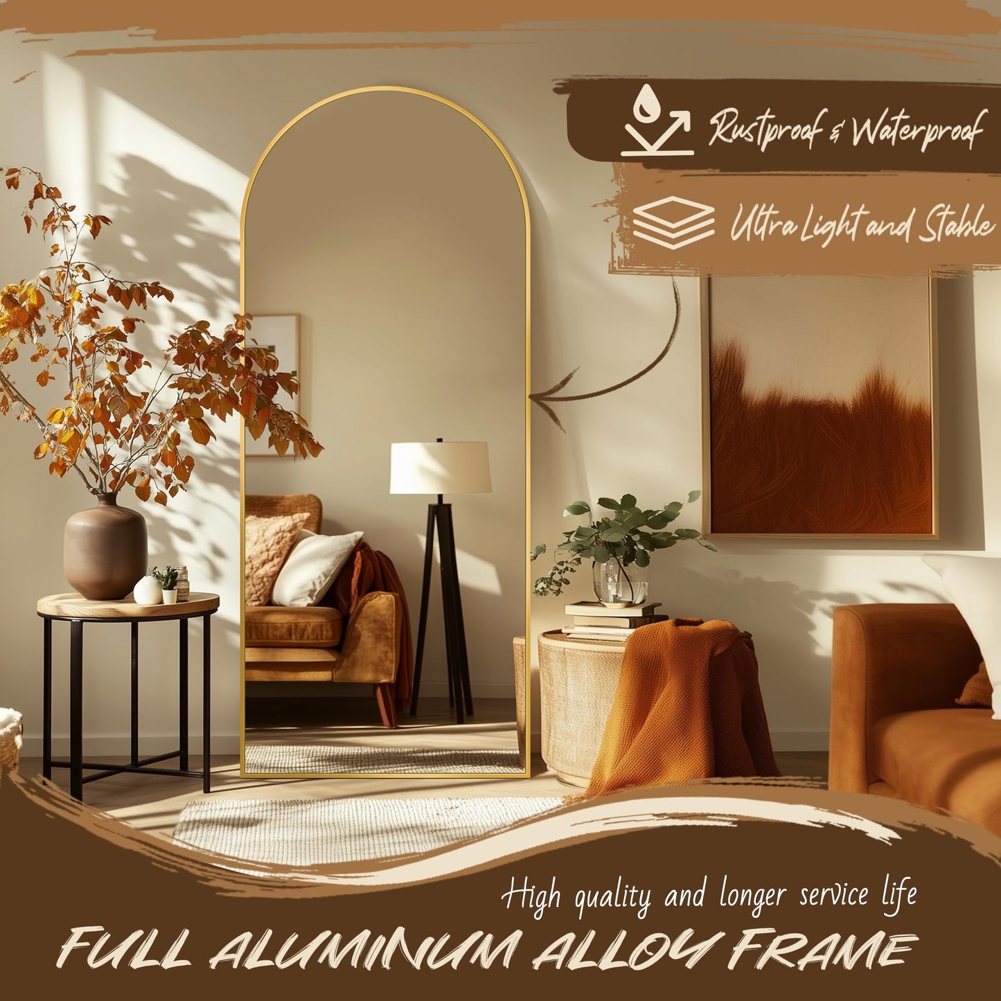 Antok Arched Full Length Mirror, 56"x14" Gold Metal Frame Floor Mirror for Bedroom Living Room, Freestanding/Wall Mount/Leaning