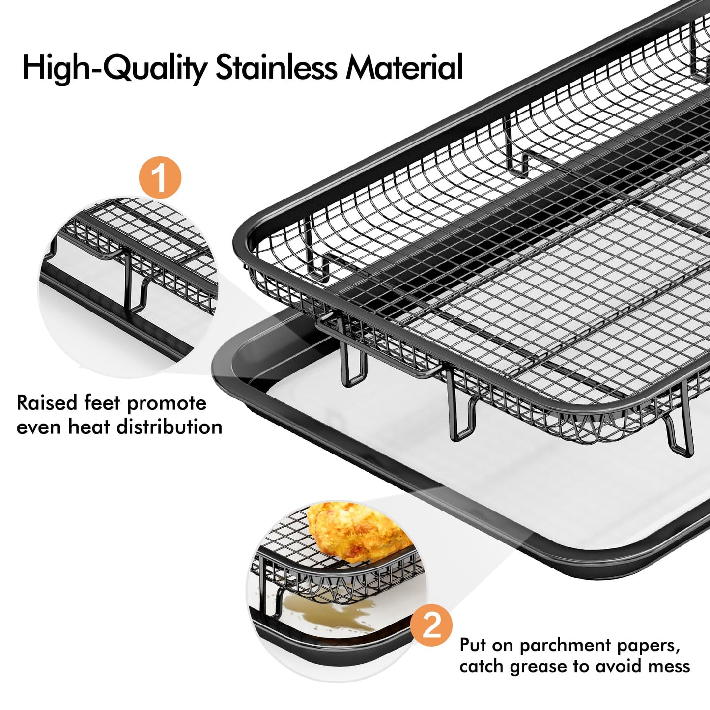 Air Fryer Basket for Oven,2 Set Air Fryer Basket and Tray Set with 60 Sheets Parchment Papers,THORSES Food-Grade Stainless Steel Air Fryer Pan and Crisper Tray-Black Large15"×11"&Medium13.4"×9.6"
