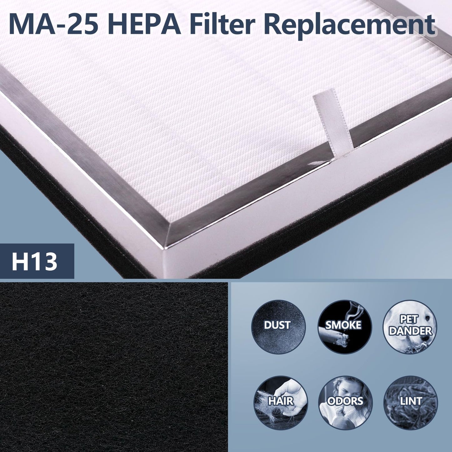 Midiex 6-Pack MA25 Replacement Filter Compatible with Air Purifier MA-25 Series S1/B1/W1, 3-in-1 H13 Ture HEPA with Activated Carbon Pre-filter