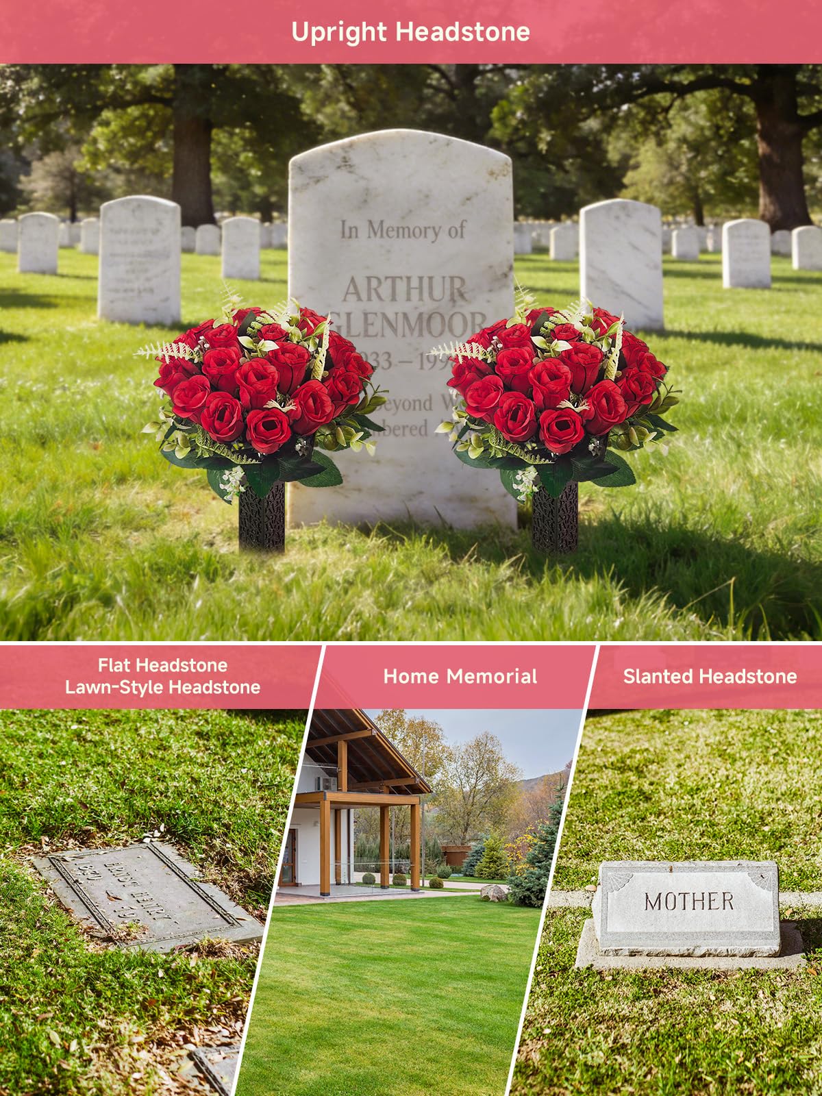 2 Pack Cemetery Flowers for Grave with Spiked Vases, 18-Stem Red Artificial Rose Bouquets with Flag, Non-Bleeding & Wind-Resistant All-Weather Memorial Decorations for Headstones