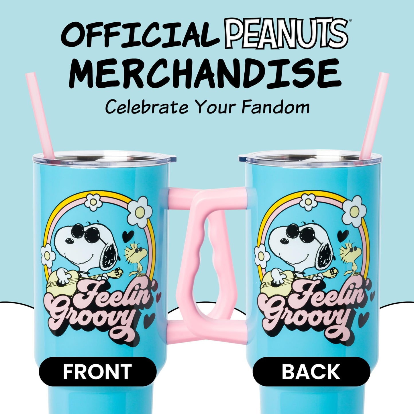 Silver Buffalo Peanuts Featuring Snoopy and Woodstock Feelin' Groovy Double Walled Stainless Steel Tumbler with Handle and Straw, Fits in Standard Cup Holder, 40 Ounces