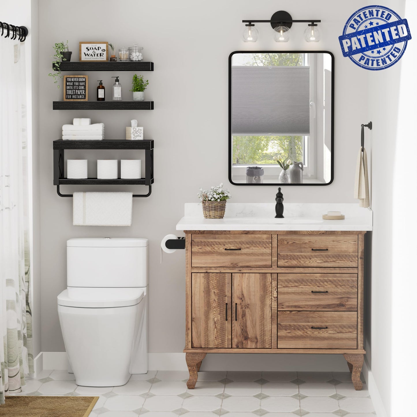 QEEIG Bathroom Shelves Over Toilet - Floating Shelf for Wall Toilet Paper Storage Farmhouse 16 inch Set of 3, Black (029-40B3)