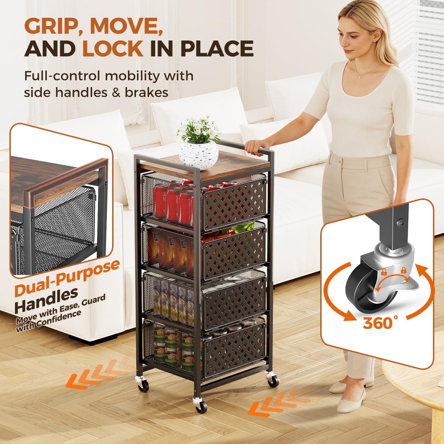 Xpatee 5 Tier Kitchen Storage Cart with Wheels, Utility Fruit Vegetable Storage Rack Stand with Pull-Out Baskets & Wood Top, Metal 4-Drawers Rolling Snack Cart, Kitchen Cart for Potato Onion(Black)