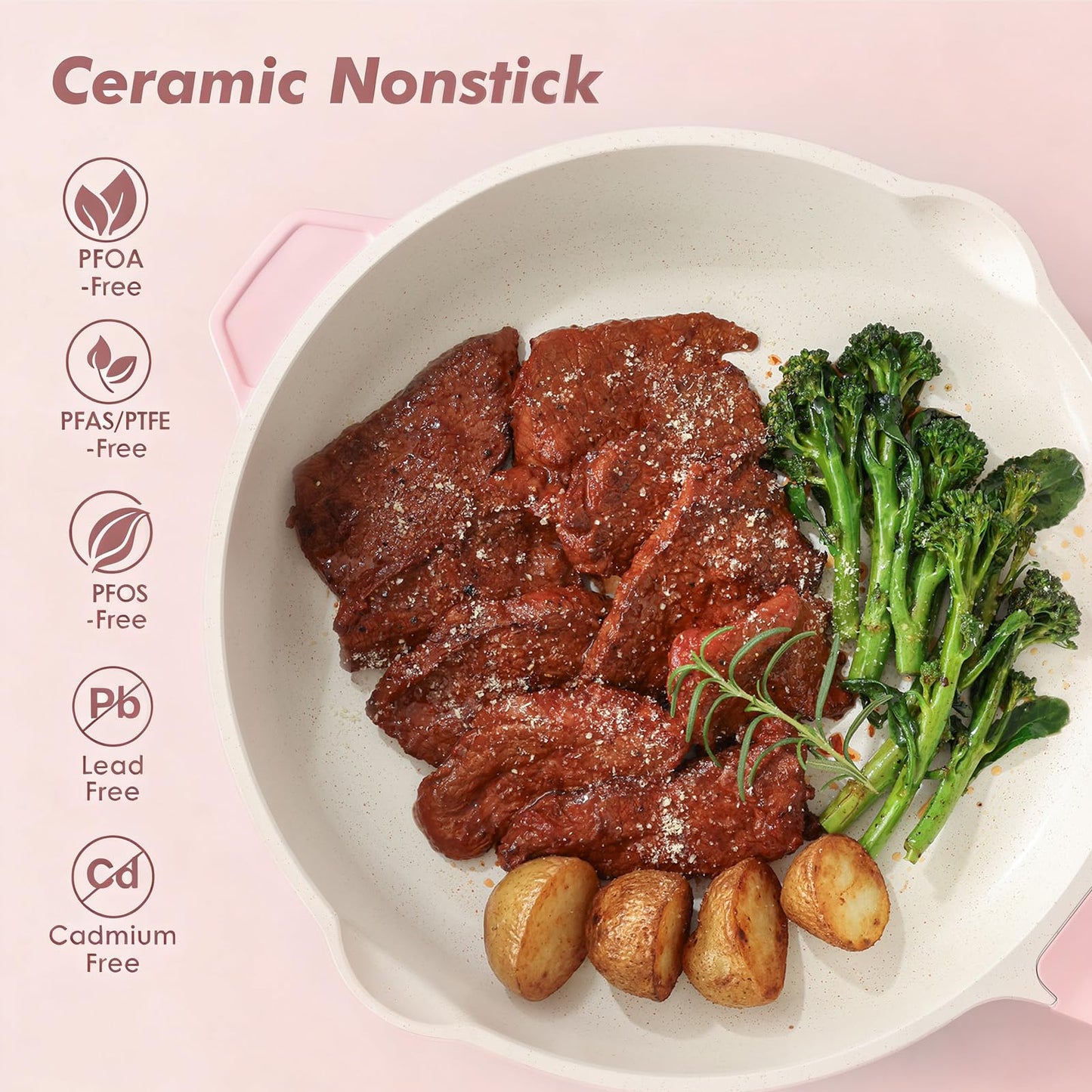 SENSARTE Nonstick Skillet with Lid 12-inch, 5QT Ceramic Deep Frying Pan, Non Toxic Saute Pan with Lid, Healthy Dishwasher Safe Cooking Pot, Induction Pan with Stay-cool Handle, Pink