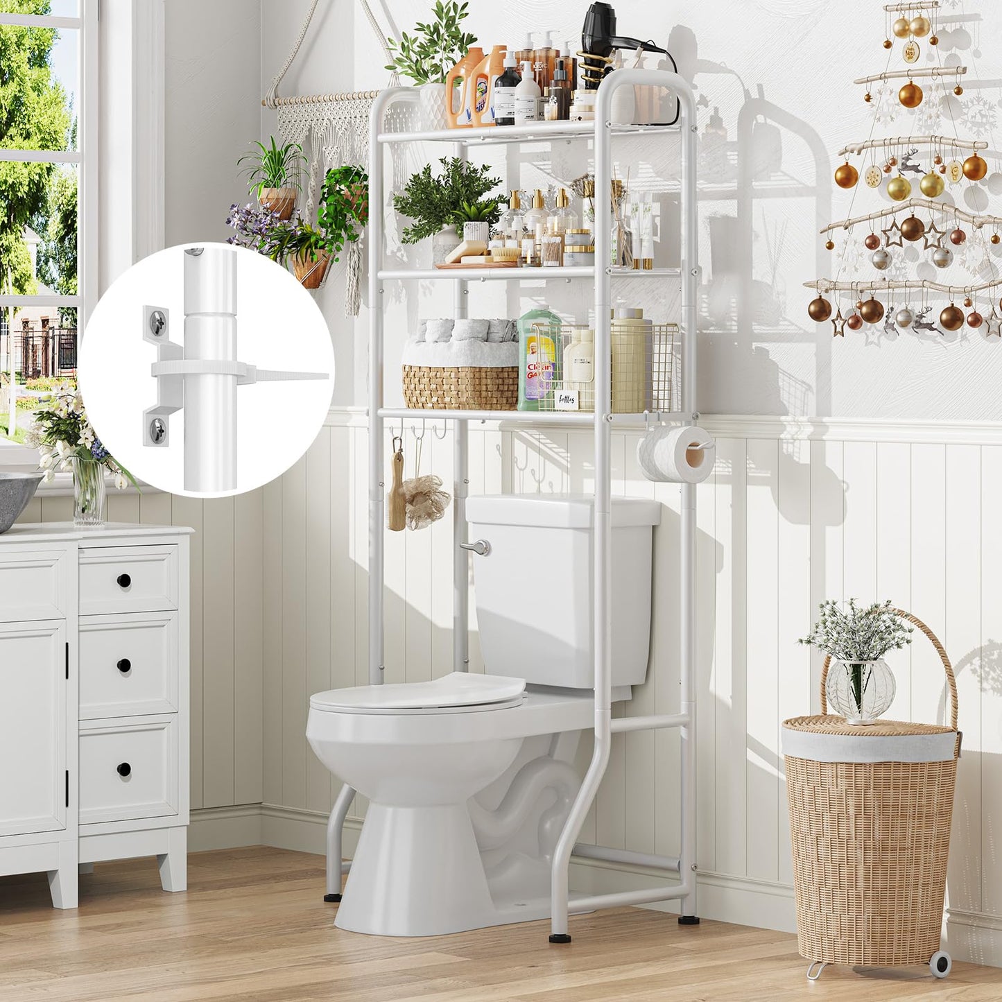 Simple Trending Over The Toilet Storage Rack, Metal 3 Tier Bathroom Organizer Shelf with Paper Holder and 3 Hooks, Freestanding Shelf Space Saver Above Toilet, White
