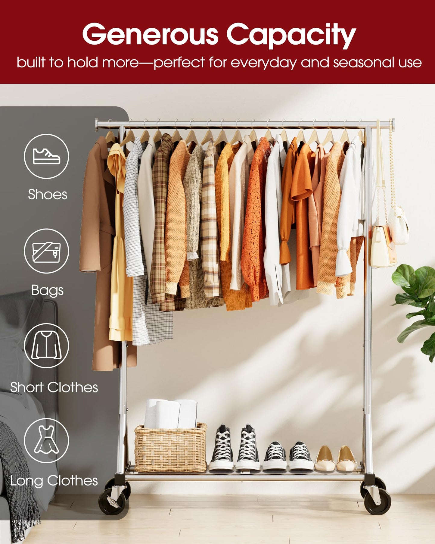 Sakugi Heavy Duty Stainless Steel Rolling Clothes Rack with Mesh Shelf, Lockable Wheels & Anti-Slip Stoppers, Large Capacity Clothing Organizer for Bedroom, Laundry Room, 42.5" x 16.5" x 65.9", Silver