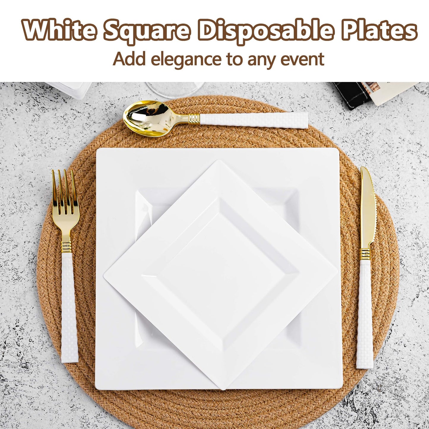 Pryntono 100 Pack White Square Plastic Plates, Includes 50 Dinner Plates 9.5" and 50 Dessert Plates 6.5", Heavy Duty Disposable Plates for Wedding, Holiday Party, Birthday, White