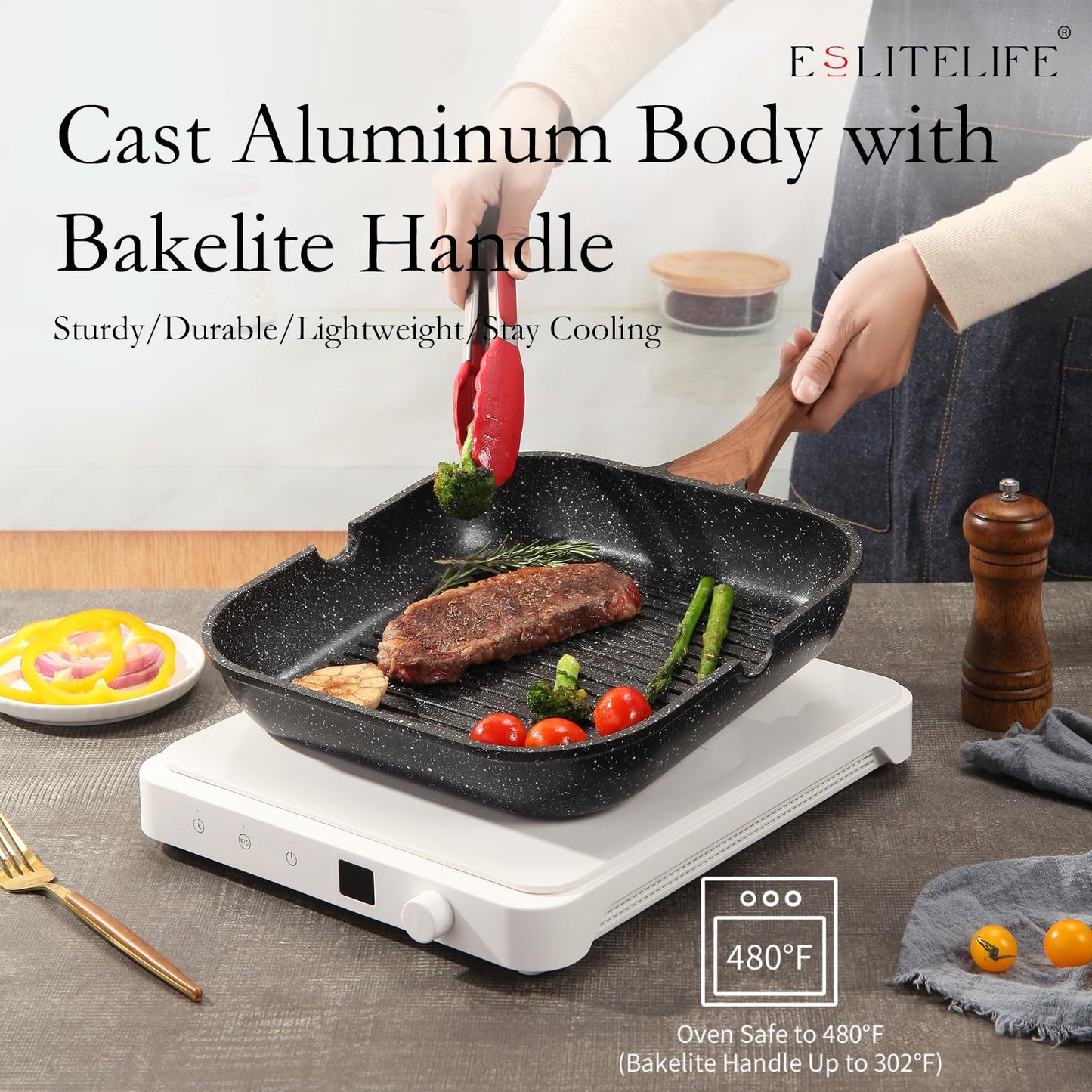ESLITE LIFE Nonstick Grill Pan with Lid & Tongs for Stove Tops, 11 Inch Versatile Square Big Grilling Skillet Steak Pan with Pour Spouts for Indoor & Outdoor Cooking, PTFE & PFOA Free, Black