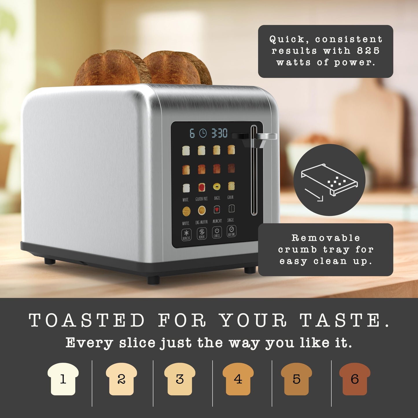Rae Dunn 2 Slice Smart Toaster, Digital Display, Wide Slots, 8 Browning Levels, 6 Bread Types, 4 Functions (Defrost, Reheat, Cancel, Add Time), 825W Digital Stainless Steel