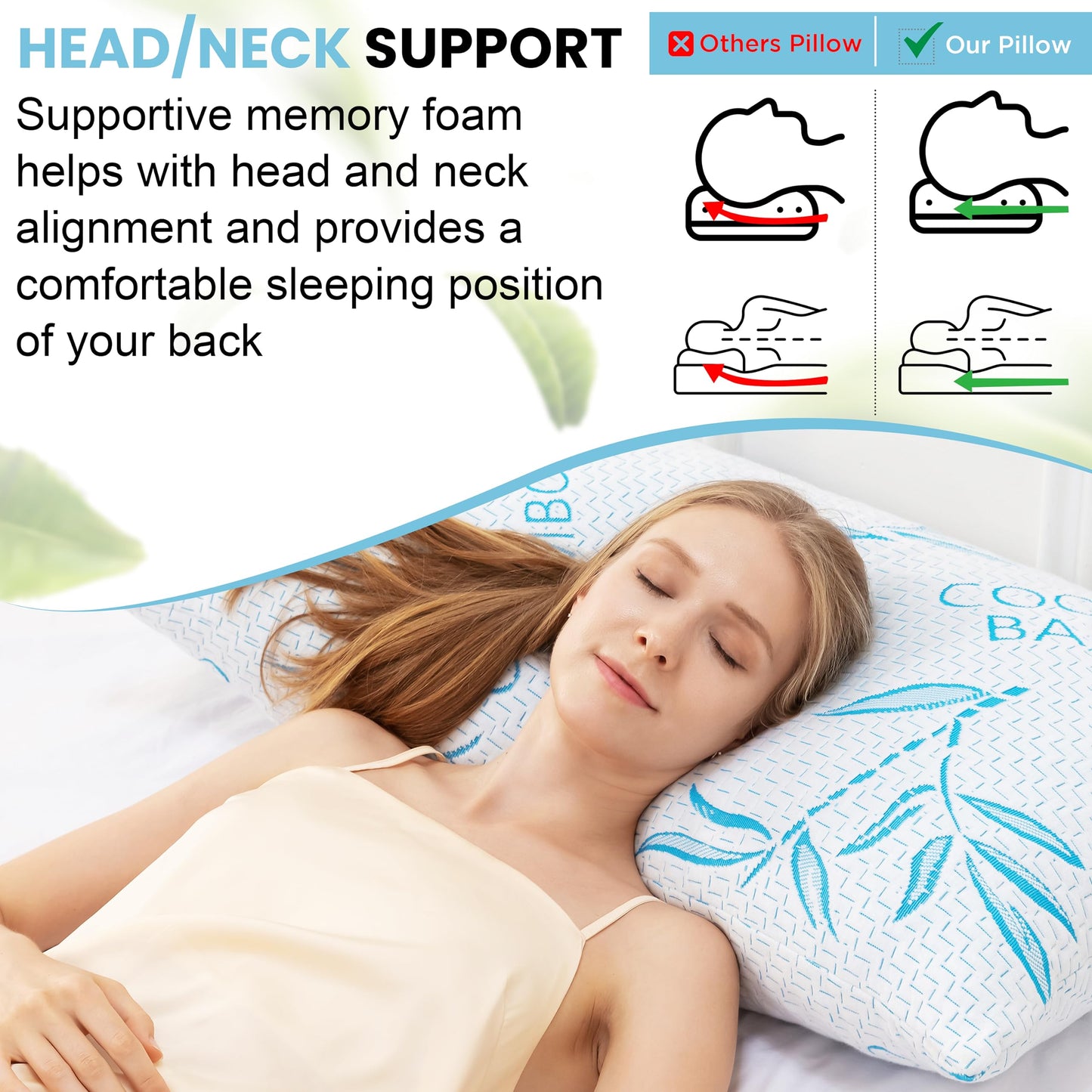 ComfySleep Queen Size 2 Pack Rayon Made from Bamboo Pillows for Sleeping, Cooling Shredded Memory Foam Adjustable Bed Pillow with, Removable/Washable Cover (Queen 2 Pack)