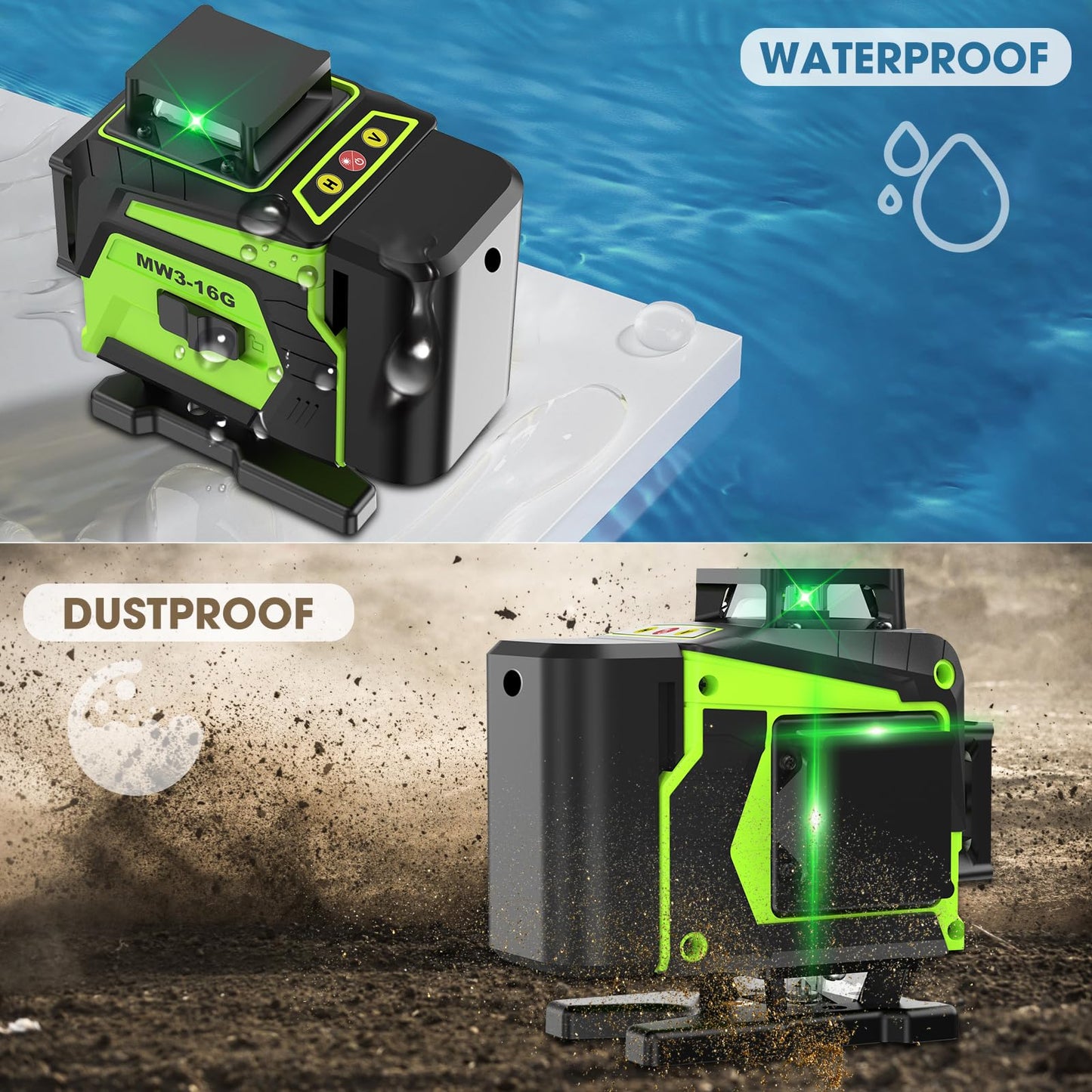 16 Line Laser Level 360 Self Leveling, 4x360°Professional 4D Green Cross Line laser Level with 2 Batteries, Adjustable Brightness & Remote Control, for Tiling Floor Construction and Picture Hanging