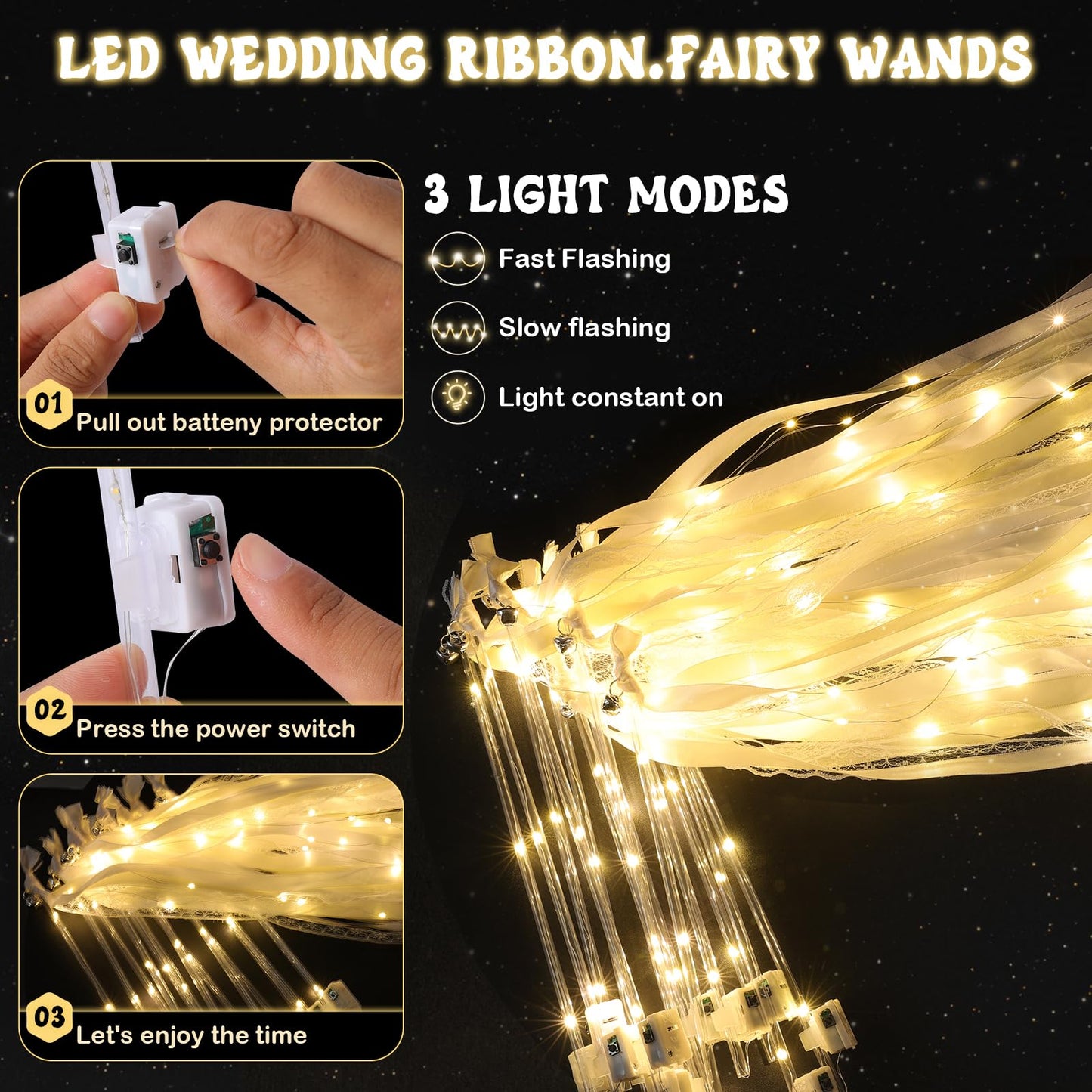 50 Pcs Wedding Wands Ribbon Streamers with 3 Colorful Flashing Modes, Light up LED Silk Fairy Wands, Glow Lace Stick with Bells for Wedding Reception, Graduation, New Year, Birthday Party (Warm White)