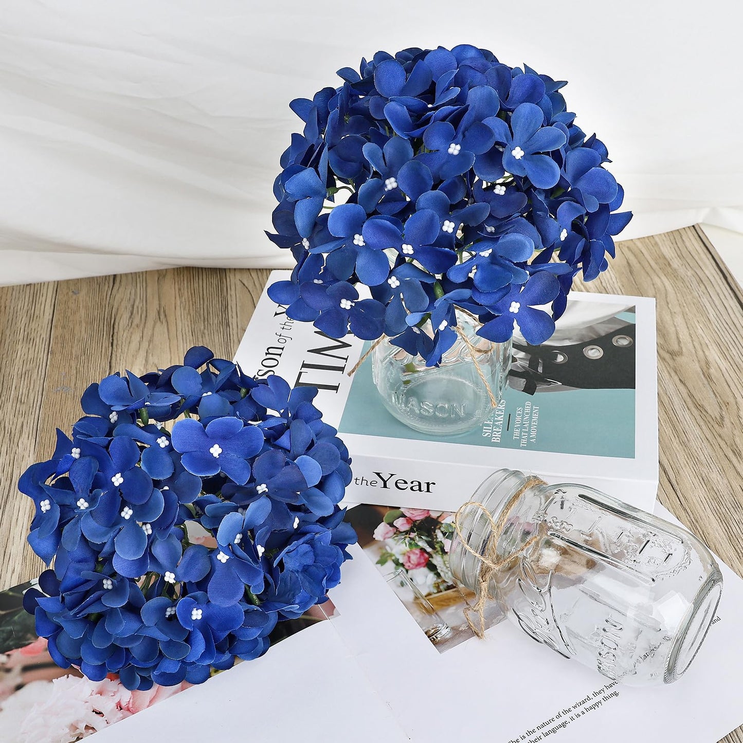 Scawim Mason Jars with Hydrangea, 10 Set Artificial Flower Table Centerpieces Glass Flowers Vases Decor for Home Wedding Farmhouse Bridal Shower Graduation Boho Decorative(Royal Blue)
