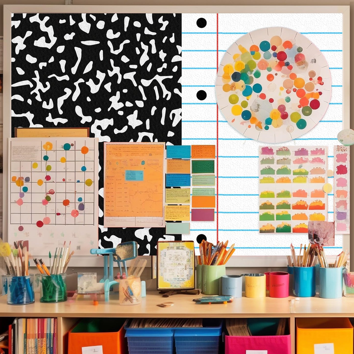 Drydiet 2 Pack Composition Notebook Peel and Stick Wallpaper Roll 1.4x10 ft Waterproof Black and White Classroom Decor, Bulletin Board Backing, Dry Erase Contact Paper for School, Office, Home