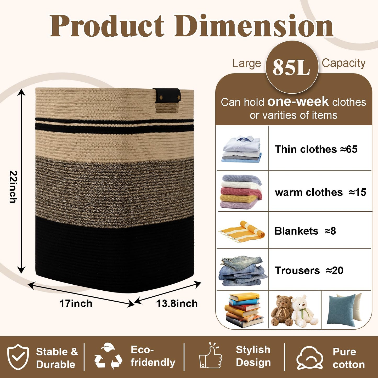 Degeyoyo Laundry Hamper, 85L Tall Laundry Basket with Leather Handles, Rectangle Large Clothes Hamper for Organizing, Cotton Woven Laundry Baskets Storage Hampers for Bedroom, Nursery, Living Room