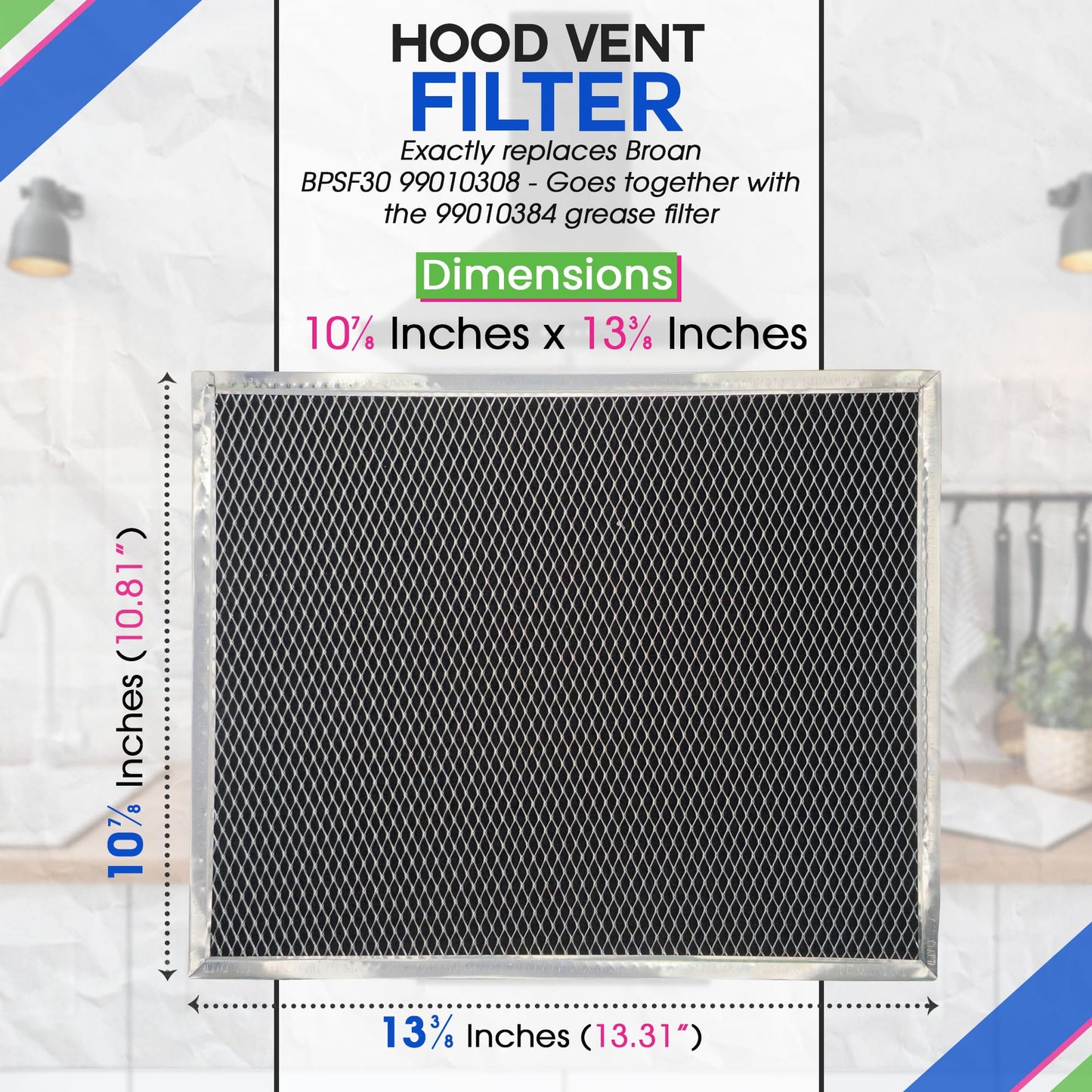 Broan Range Hood Charcoal Filter for 10.81' x 13.31' BPSF30 99010308 - Carbon Ductless Exhaust Hood Filter - Freshens Kitchen Air Over Oven (2-Pack)