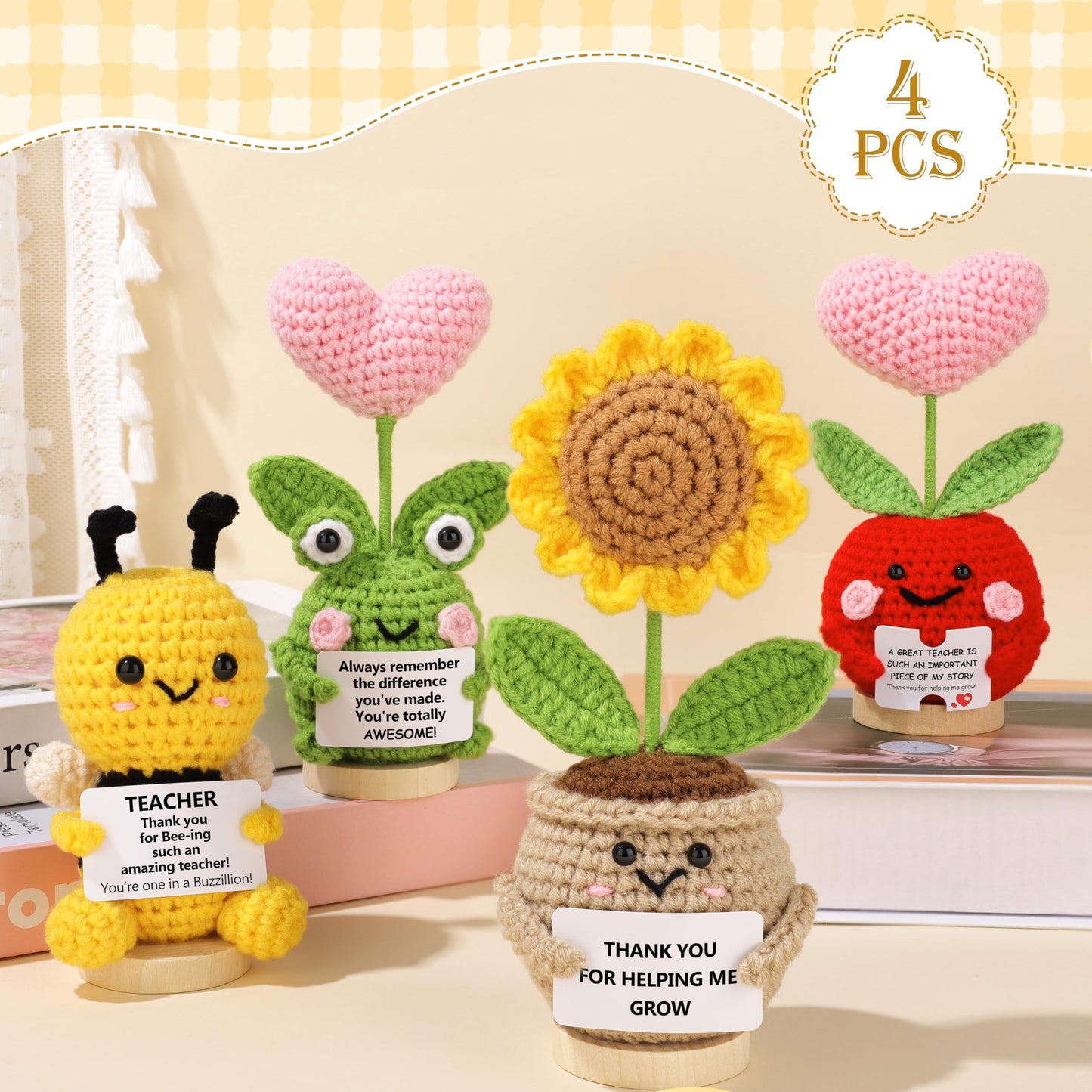 JoycuFF Teacher Appreciation Gifts in Bulk Positive Crochet Animals Teacher Gifts for Women Handmade Bee Frog Apple Sunflower Emotional Support Crochet Plants Gift for Teachers Coworker Friend Men