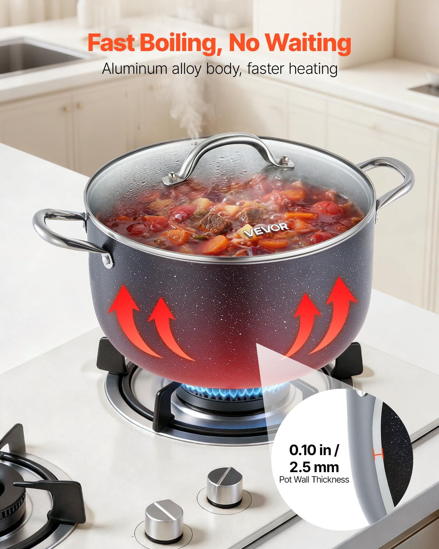 VEVOR Aluminum Stock Pot, 12-Quart Nonstick Ceramic Coated Pot with Glass Lid, PFOA-Free, PFAS-Free, Compatible with Gas Stoves, Induction Cooktops, Electric Stoves, for Soups, Stews, and Pasta