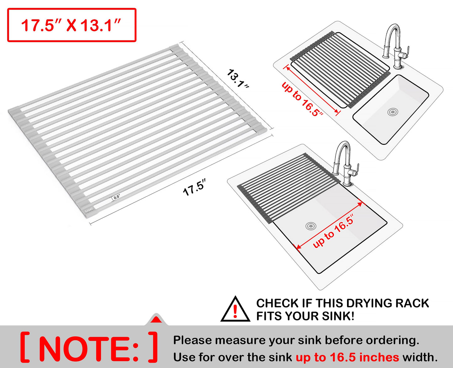Surpahs 17.5 x 13.1 Inch Roll-Up Dish Drying Rack, Fits Across Sink Openings up to 16.5 Inches, Heavy-Duty Premium Silicone, Strong Support, Non-Slip, Heat-Resistant, Warm Gray