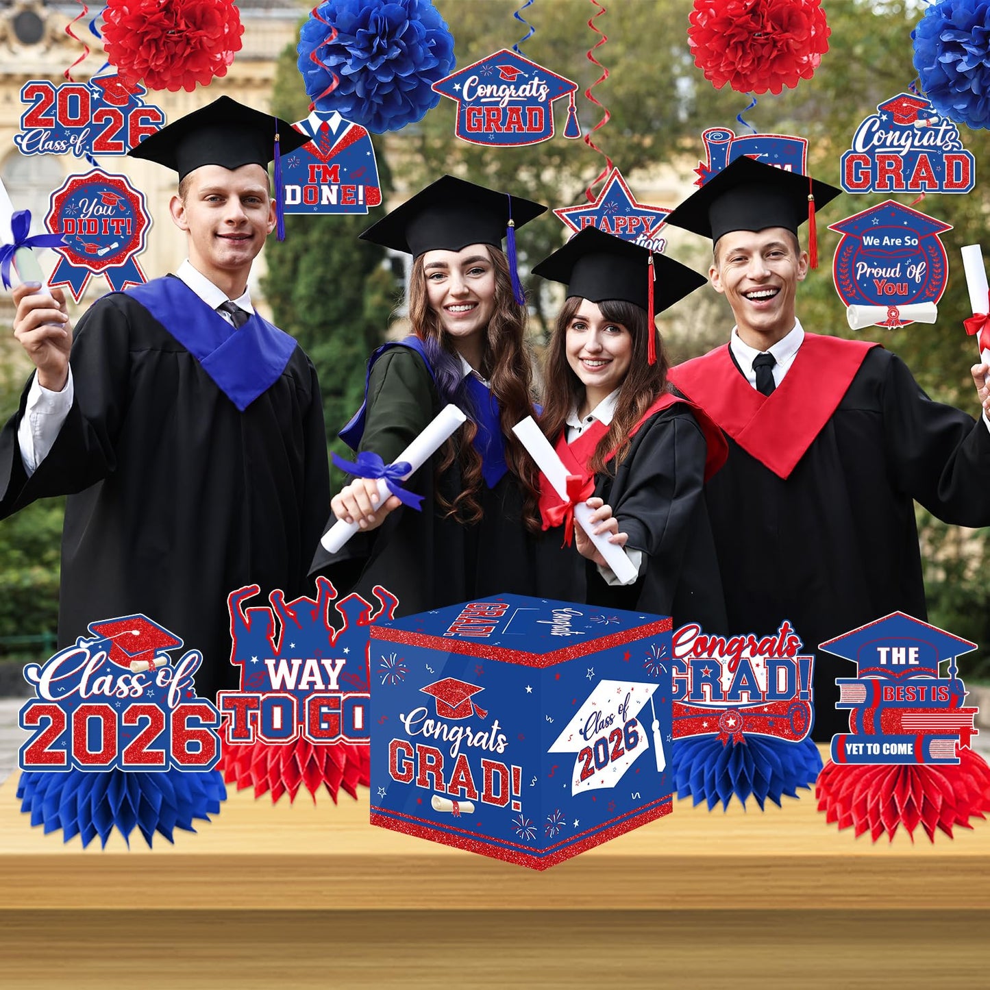 Graduation Decorations 2026 Congrats Grad Banner Kit with Class of 2026 Backdrop Porch Sign Hanging Swirls Honeycomb Centerpieces Balloons Box for Grad Party Decorations (Navy Blue-Red)