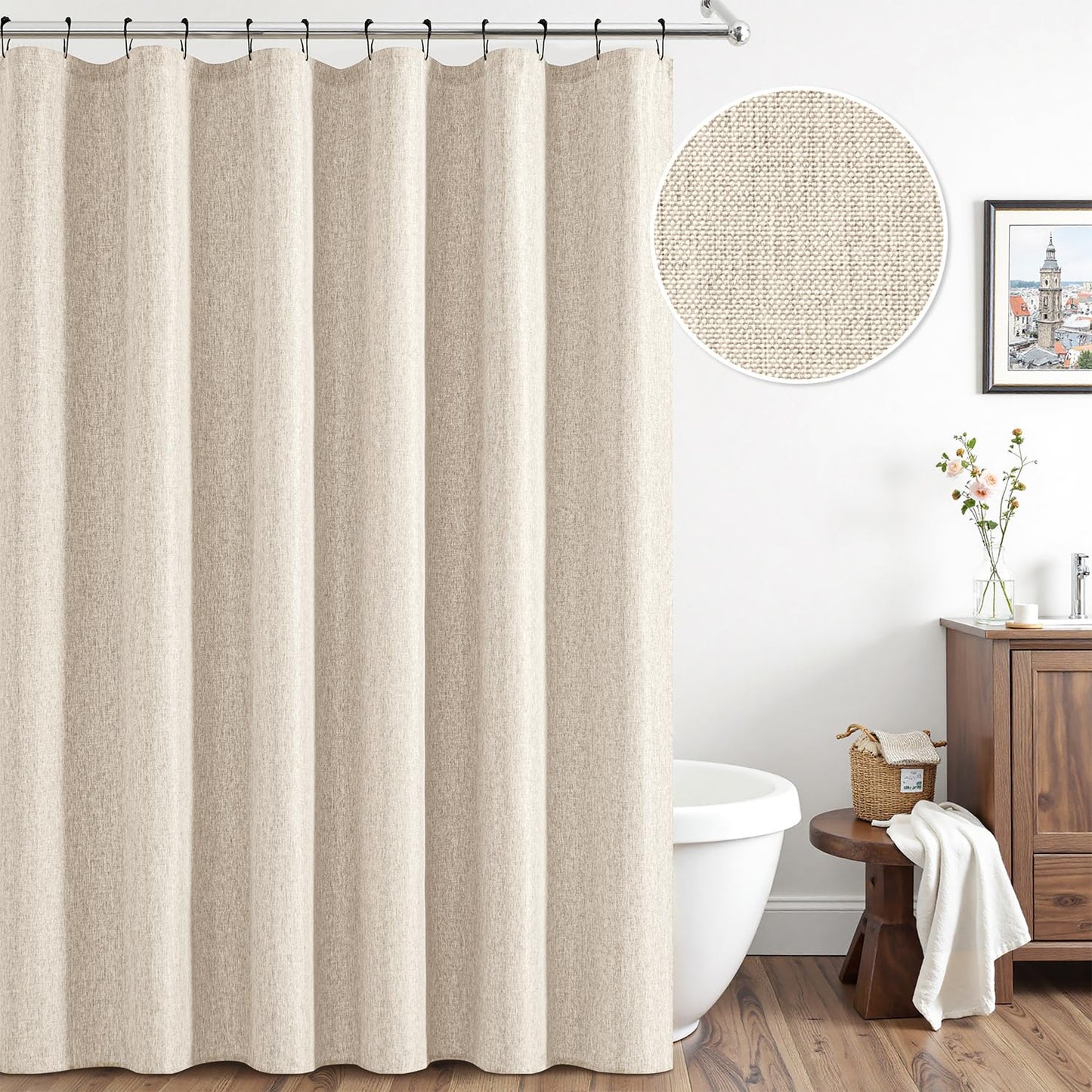 ANRODUO Extra Long Shower Curtain, 108 Inch Long Heavy Duty Boho Farmhouse Fabric Shower Curtain Set with 12 Metal Hooks, Waterproof Decor Machine Washable for Bathroom Bathtub, 72 x 108, Cream