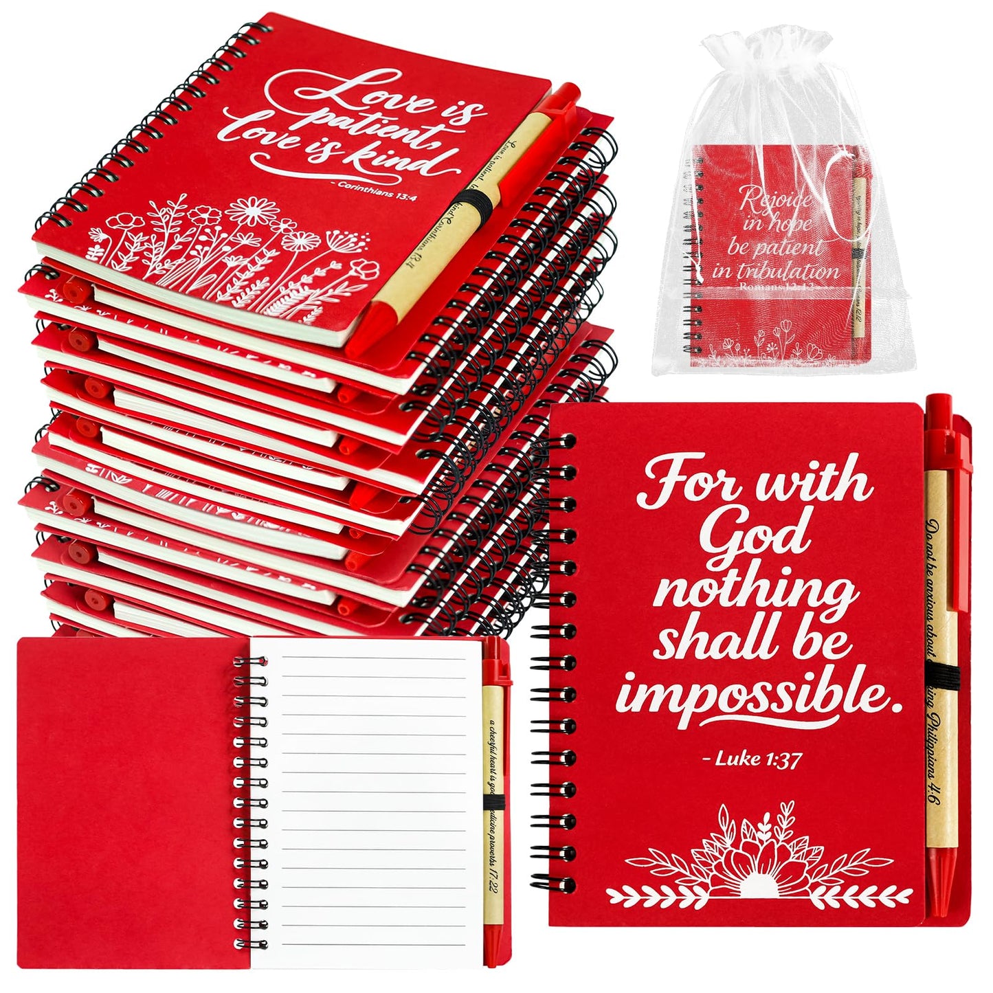 Succwoah 90 Pcs/30 Set Fathers Day Christian Gifts Bulk Prayer Journal Spiral Red Notebooks, Inspirational Notepad with Bible Verse Pen & Organza Bags, Perfect Religious Gifts for Men Women, Bible Study Groups, Church Members & Devotions