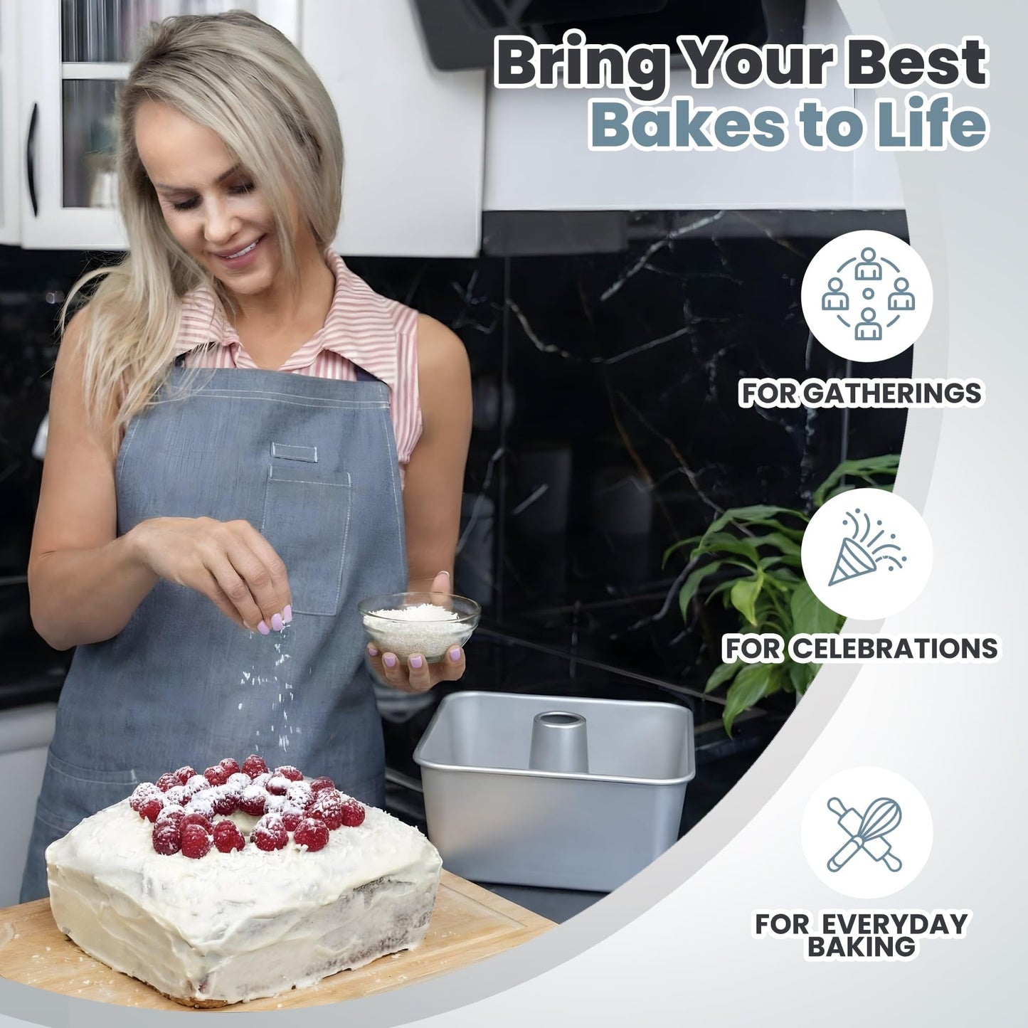 TiParthenos One-Piece Square Tube Cake Pan, 18 Cup, Anodized Aluminum, 9 x 9 x 4.5 in, Seamless Design, Easy Release, Even Heat, for Angel Food, Chiffon, Sponge, Mile High & Pound Cakes