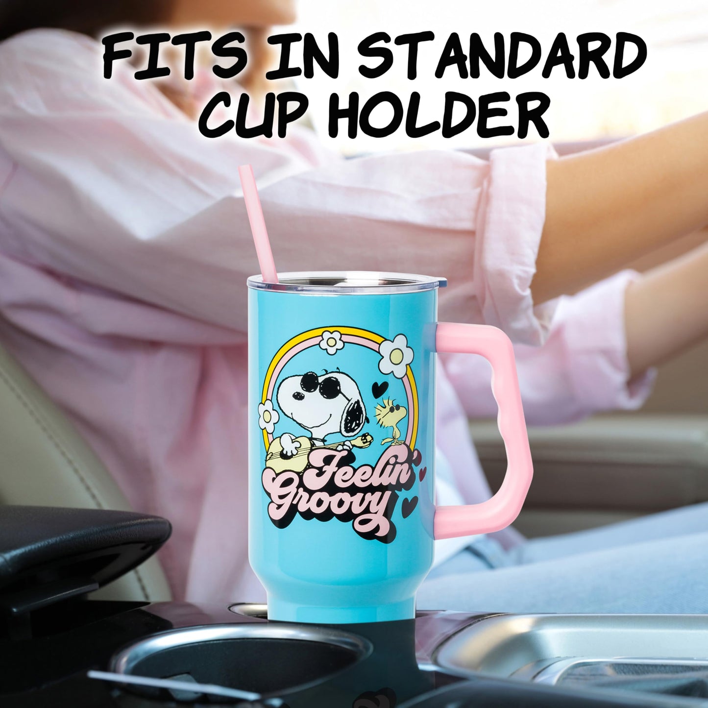 Silver Buffalo Peanuts Featuring Snoopy and Woodstock Feelin' Groovy Double Walled Stainless Steel Tumbler with Handle and Straw, Fits in Standard Cup Holder, 40 Ounces
