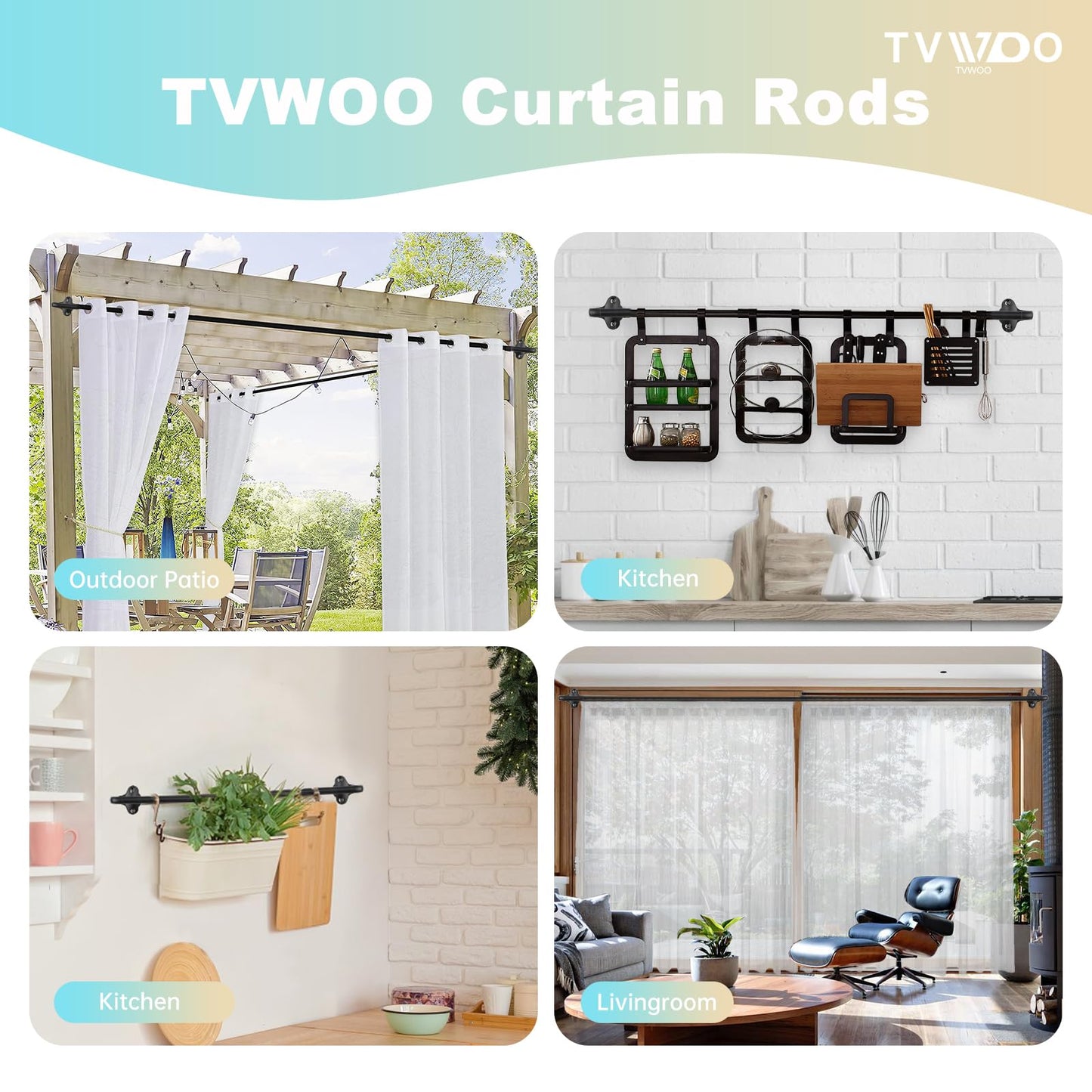 TVWOO 2 Pack Wrap Around Curtain Rods, 28 to 48 Inch, 5/8 Inch Adjustable Blackout Curtain Rod Set, Room Darkening Window Rod, Metal Thicken Hidden Curved Drapery Rod, Matte Black