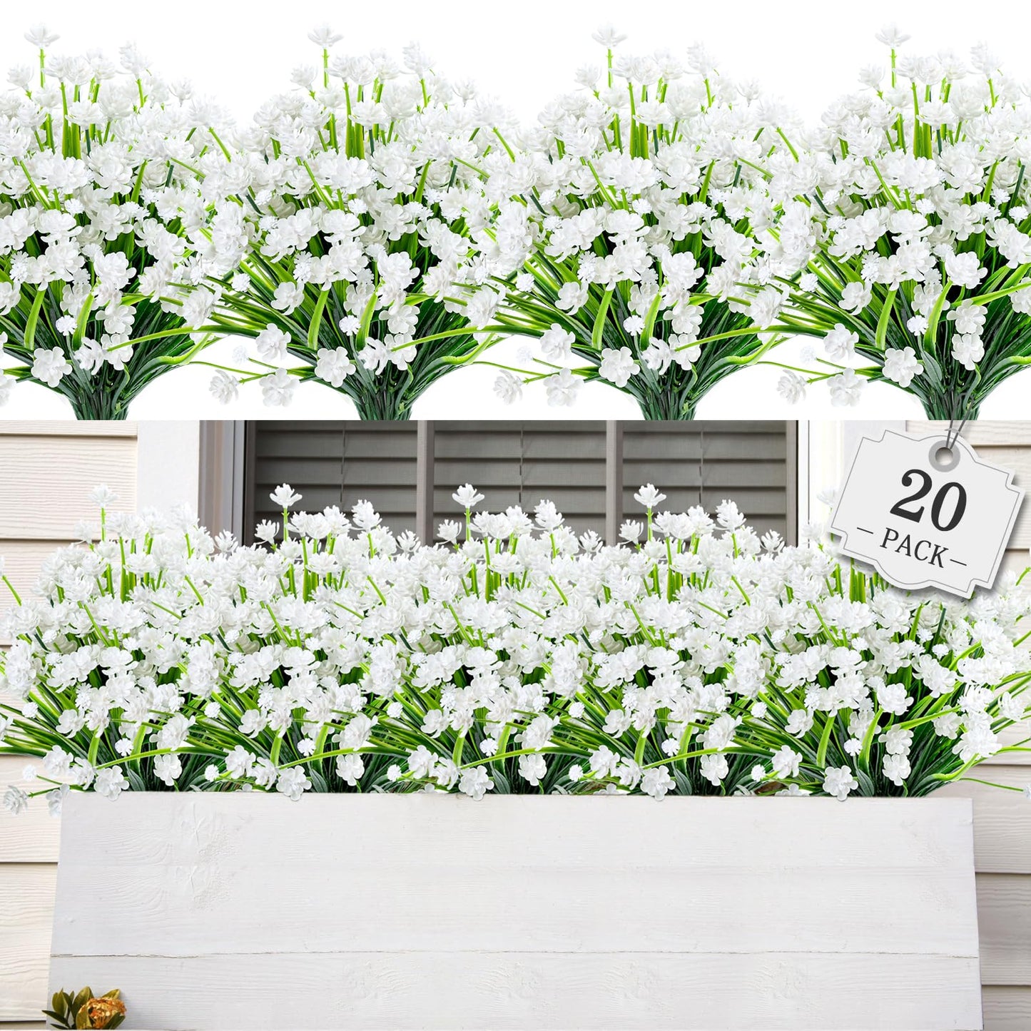 AmyHomie 20 Bundles Artificial Flowers for Outdoor Outside Spring Summer Decoration UV Resistant Faux Flowers No Fade Fake Plastic Plants Garden Porch Window Box Decorating (Pure White)