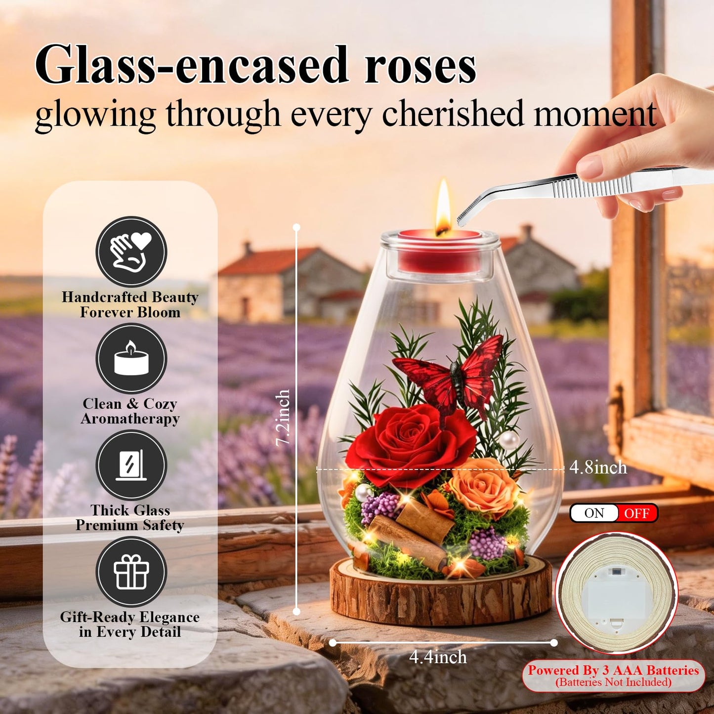 Birthday Gifts for Women Preserved Flowers Red Roses Candle Holder in Glass Dome Gift for Mom Birthday Gift Forever Flowers for Anniversary Real Flowers Eternal Rose for Proposal Wedding