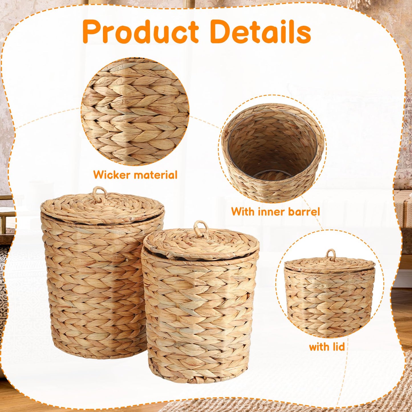 Ovveroche 2 Pcs Wicker Trash Can with Lid and Liner, 2.7 Gallon and 1.88 Gallon Wastebasket Garbage Can Boho Storage Basket for Bathroom Bedroom Home Office Kitchen