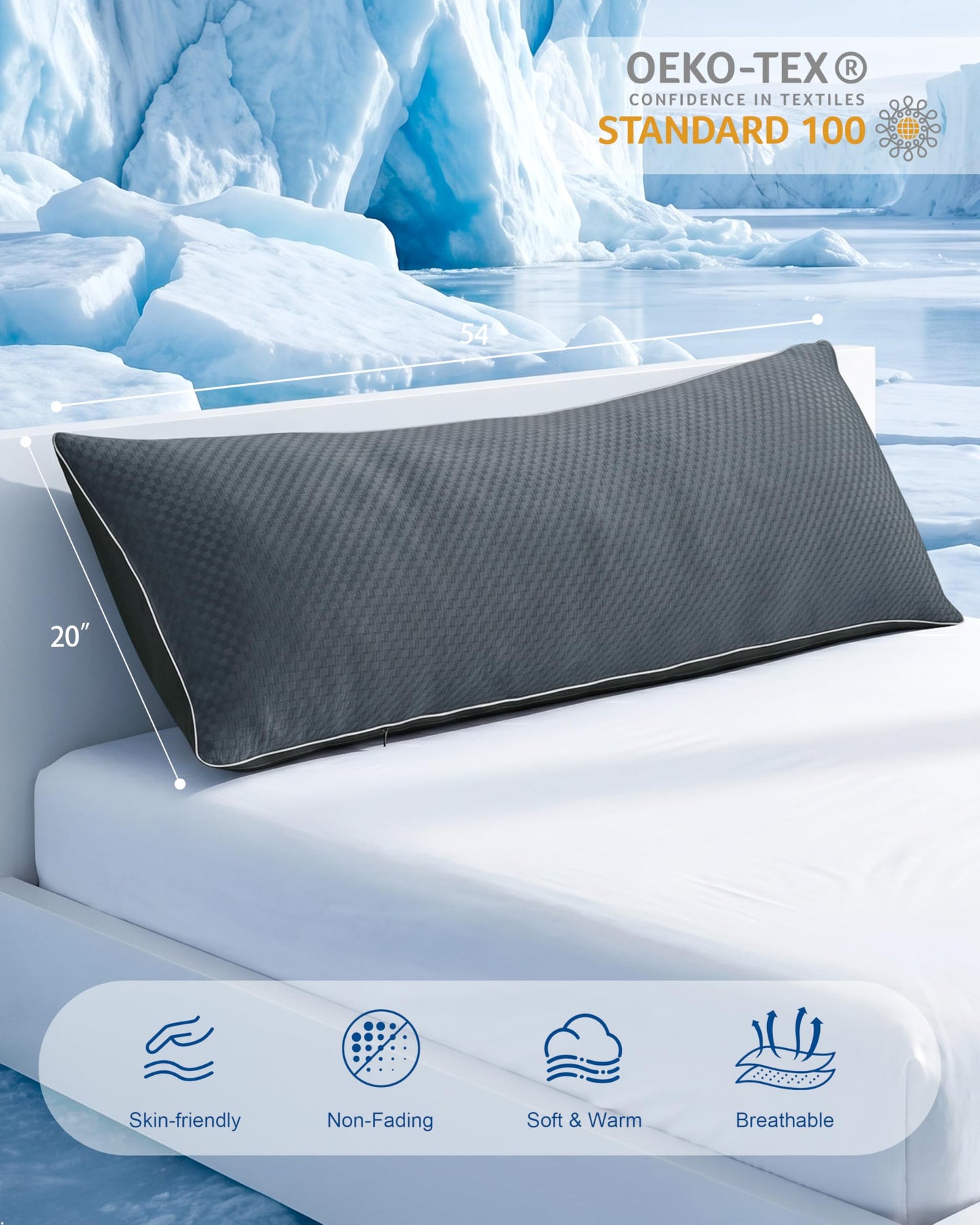 YZ HOME Cooling Body Pillow for Adults- Pillow Insert with Shredded Blue Memory Foam, Soft Support for Side Sleeper, Pregnant Women，Back Pain Relief, Washable Pillowcase (20x54 Inch, Dark Gray)