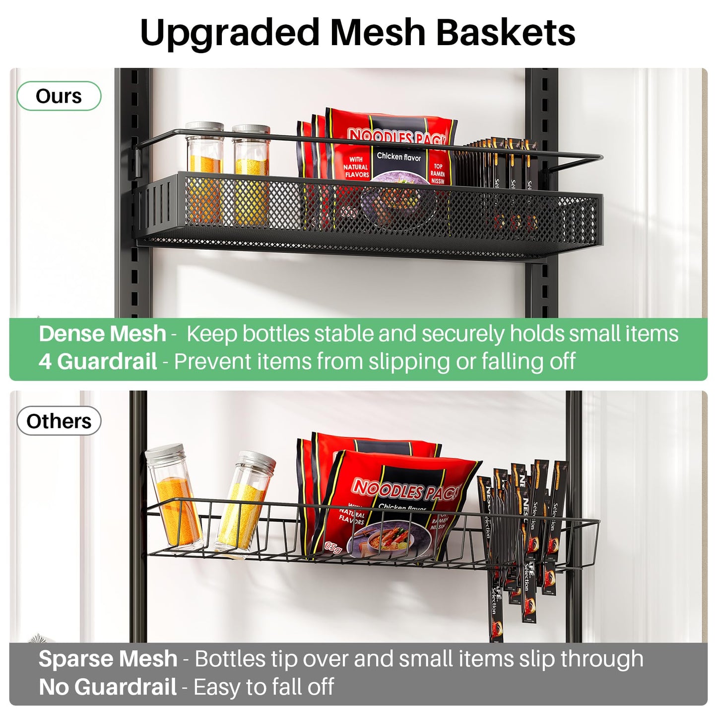 SNTD 8 Tiers Over the Door Organizer - Height Adjustable Pantry Organizers and Storage with Dense Mesh Baskets, Anti-Swing Hanging Door Spice Rack for Kitchen Bathroom (Black, 17" W x 6" D x 69" H)